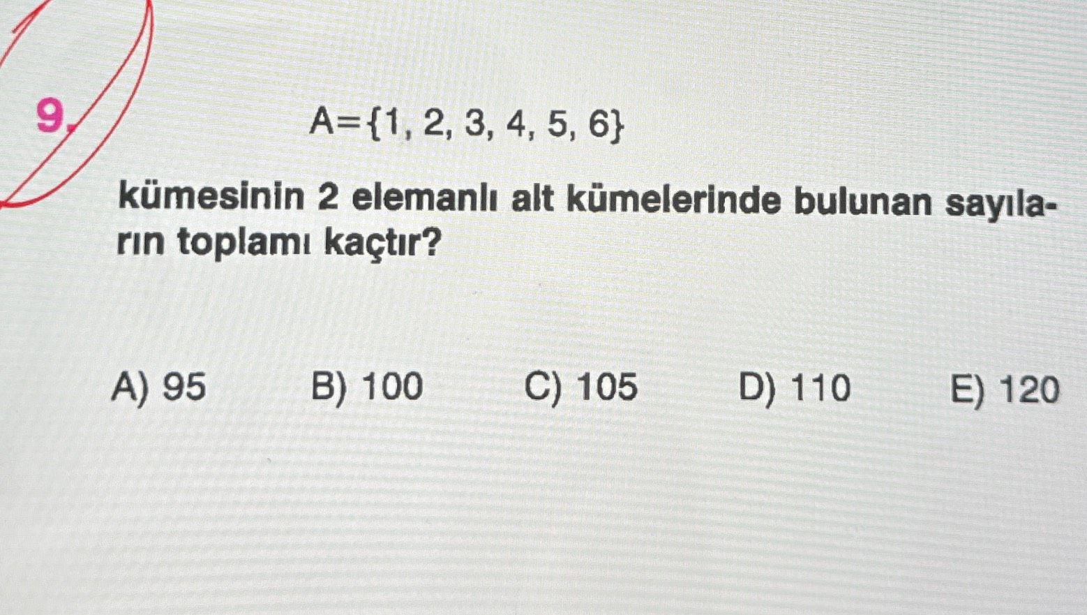 A = {1, 2, 3, 4, 5, 6} kümesinin 2 elemanlı alt kümelerinde bulunan sayıların toplamı kaçtır?