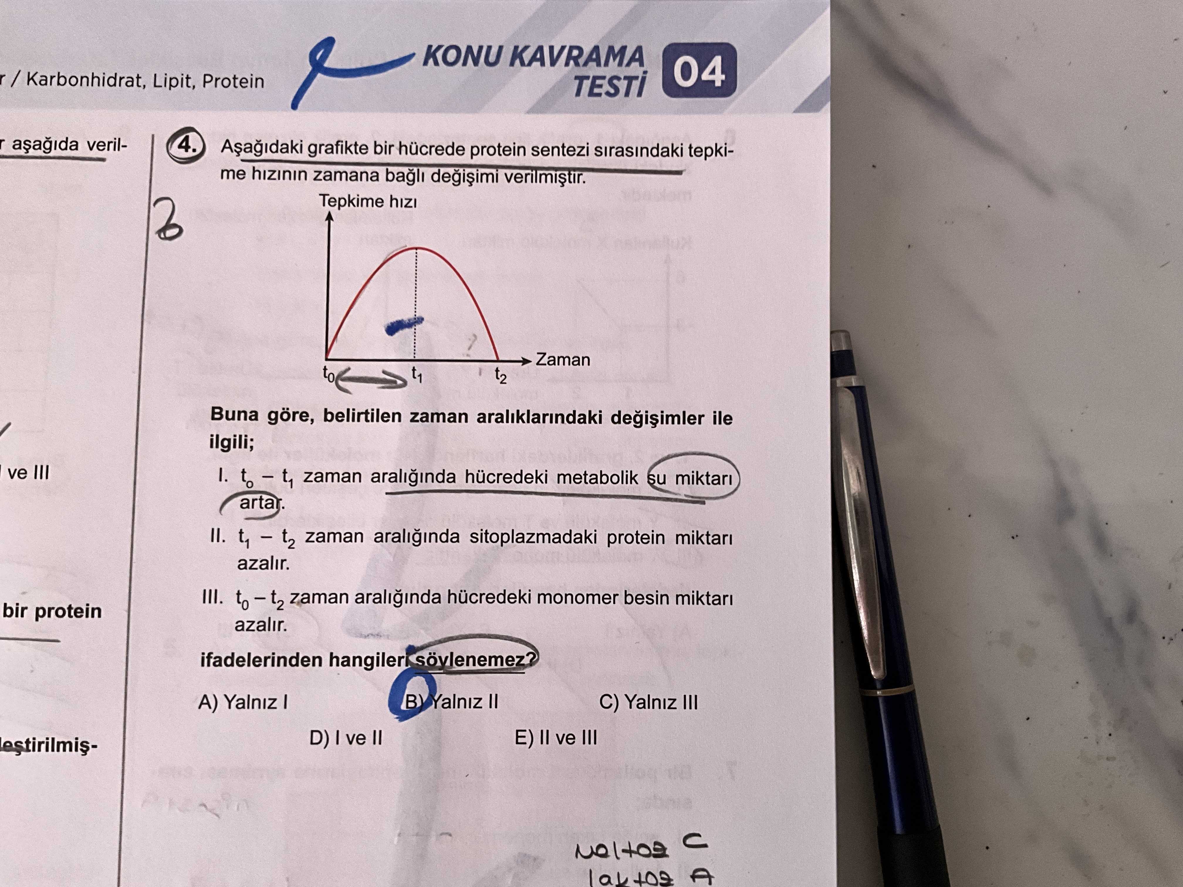Aşağıdaki grafikte bir hücrede protein sentezi sırasındaki tepkime hızının zamana bağlı değişimi