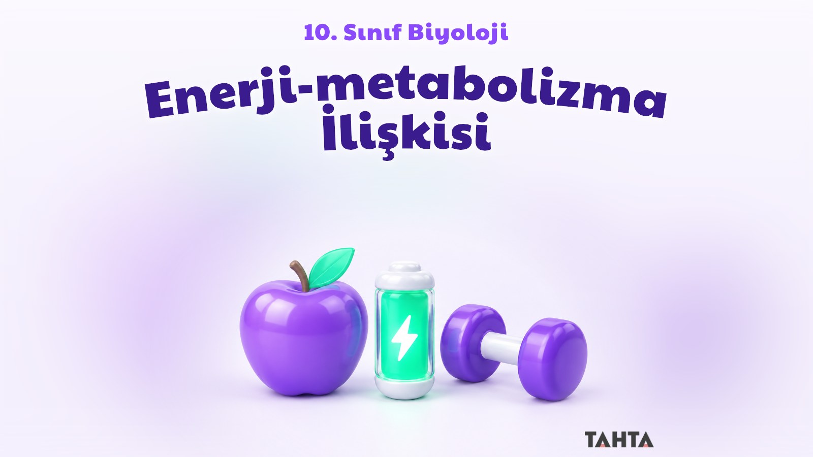 Enerji ve metabolizma ilişkisini simgeleyen mor ve turuncu tonlarda elma, pil ve dambıl üç boyutlu çizimi