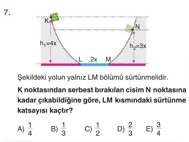 Şekildeki yolun yalnız LM bölümü sürtünmelidir. K noktasından serbest bırakılan cisim N noktasına