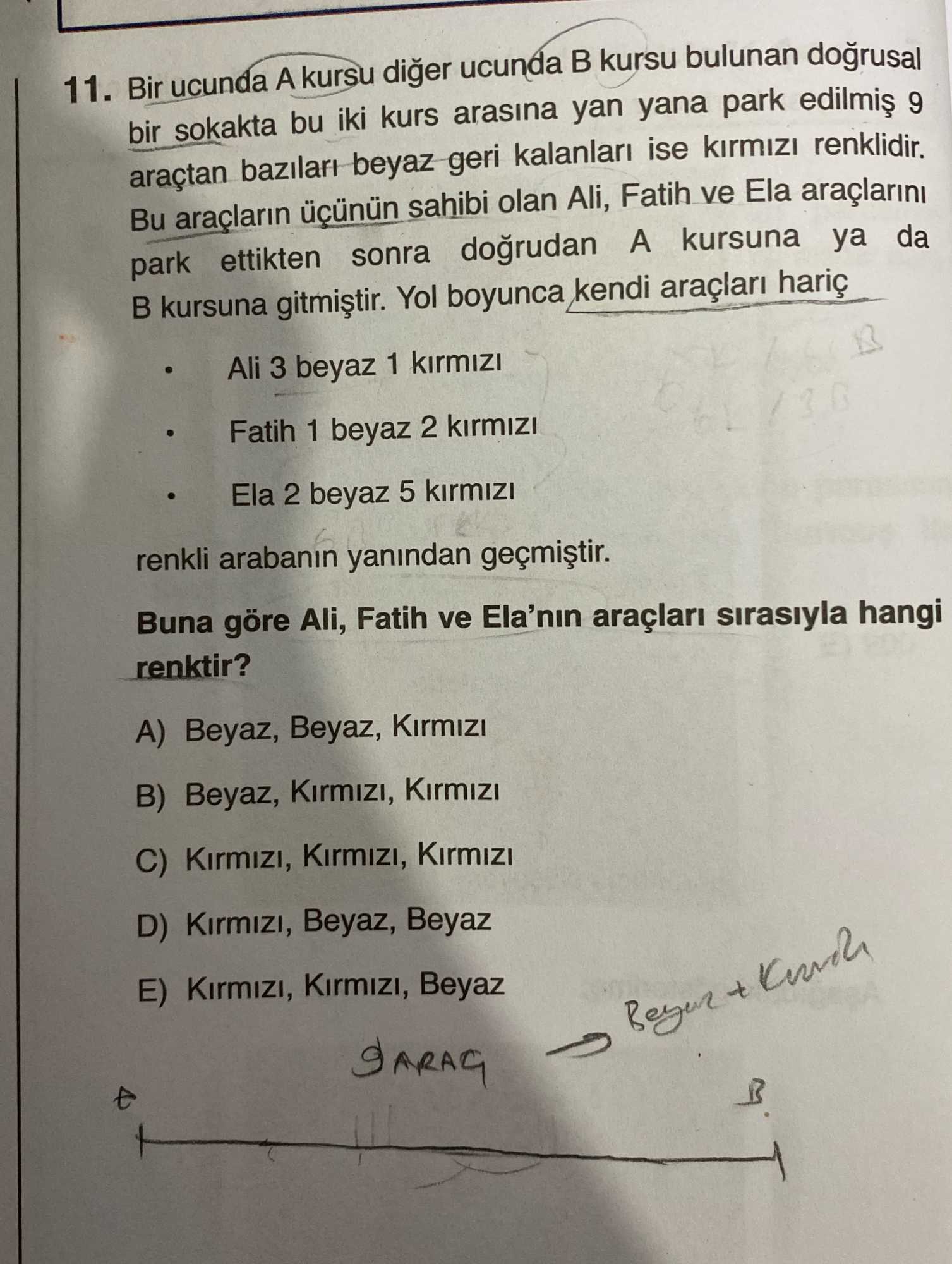 Bir ucunda A kursu diğer ucunda B kursu bulunan doğrusal bir sokakta bu iki kurs arasına yan yana