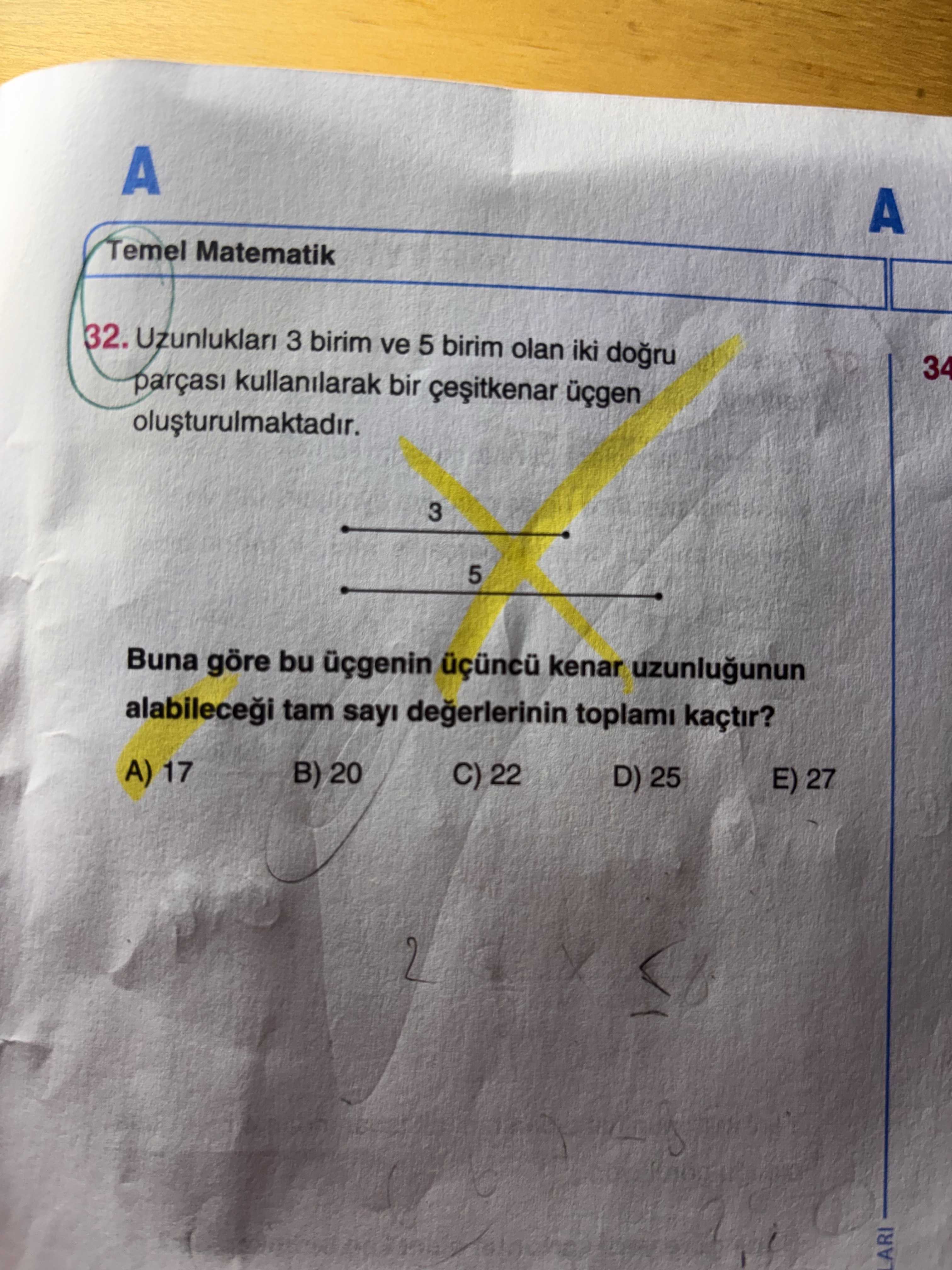 Uzunlukları 3 birim ve 5 birim olan iki doğru parçası kullanılarak bir çeşitkenar üçgen