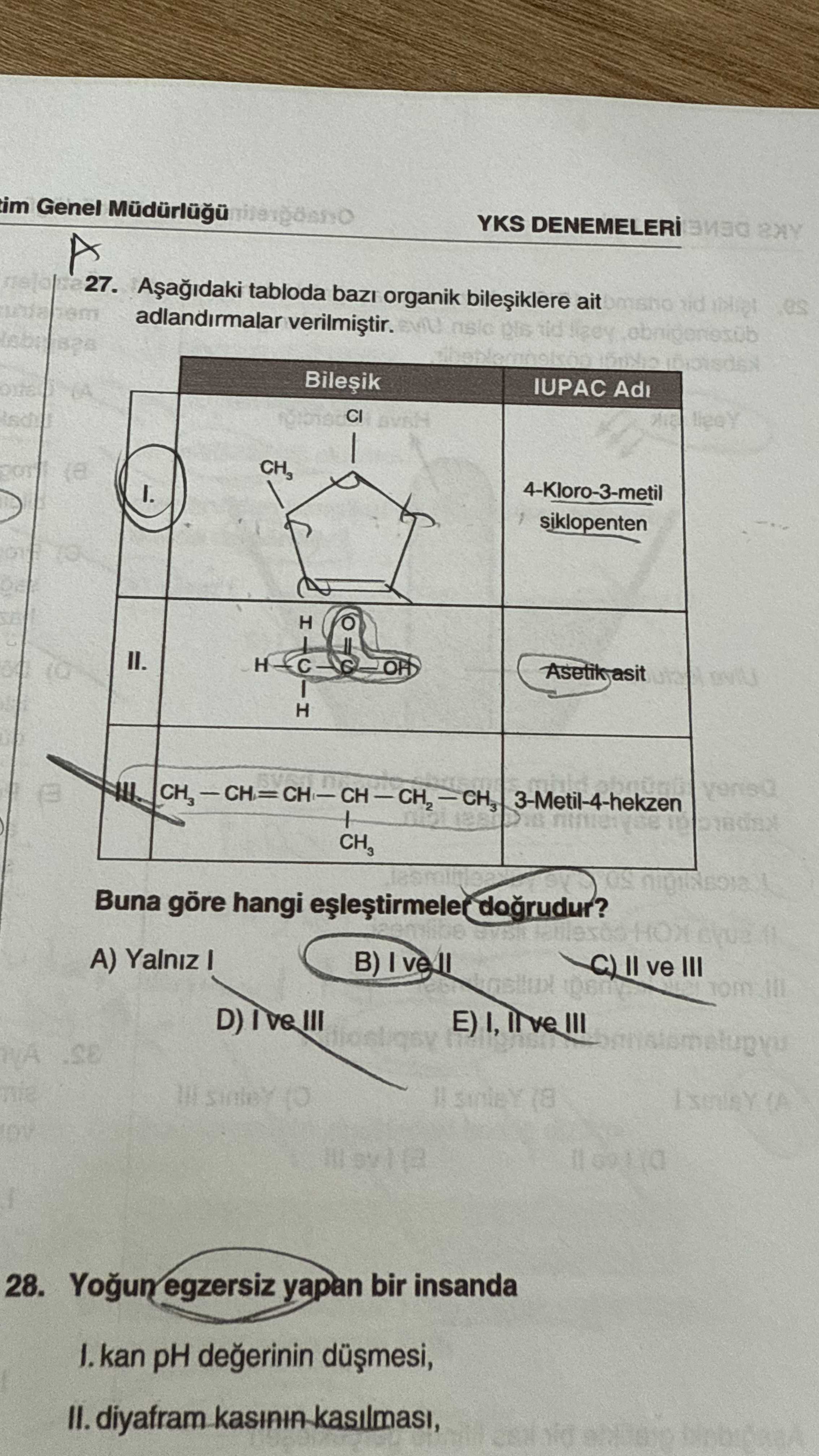 Aşağıdaki tabloda bazı organik bileşiklere ait adlandırmalar verilmiştir. Bileşik | IUPAC Adı I. (Cl