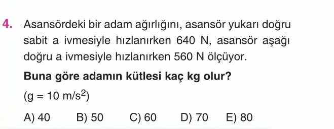 Asansördeki bir adam ağırlığını, asansör yukarı doğru sabit a ivmesiyle hızlanırken 640 N, asansör