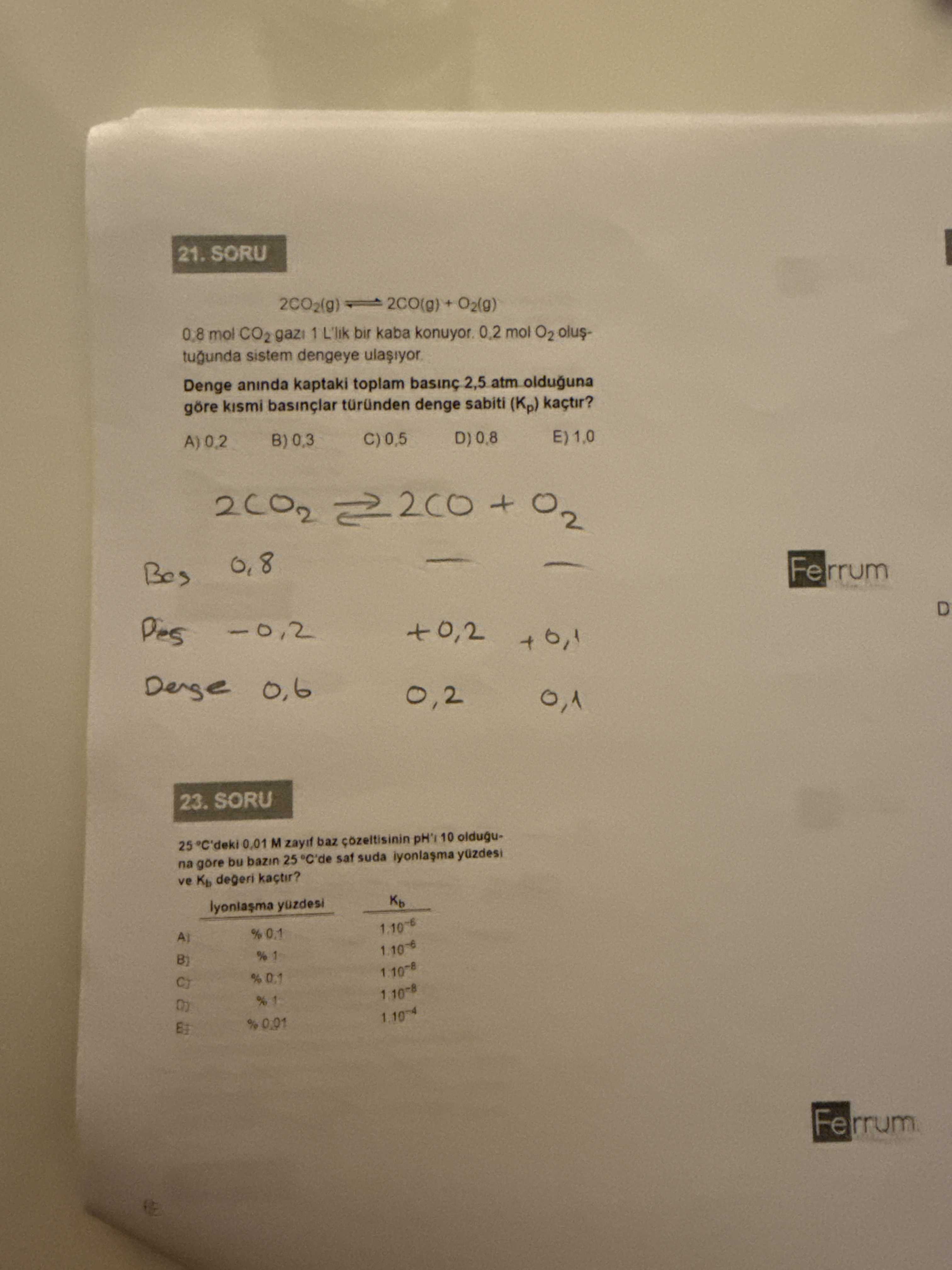 2CO₂(g) ⇌ 2CO(g) + O₂(g) 0,8 mol CO₂ gazı 1 L'lik bir kaba konuyor. 0,2 mol O₂ oluştuğunda sistem