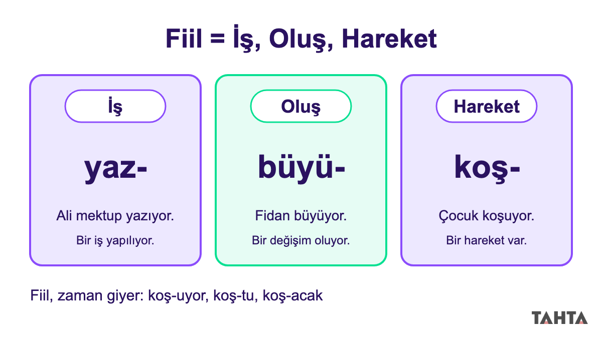Fiil nedir şeması: iş için yaz-, oluş için büyü-, hareket için koş- köklerini gösteren üç kart