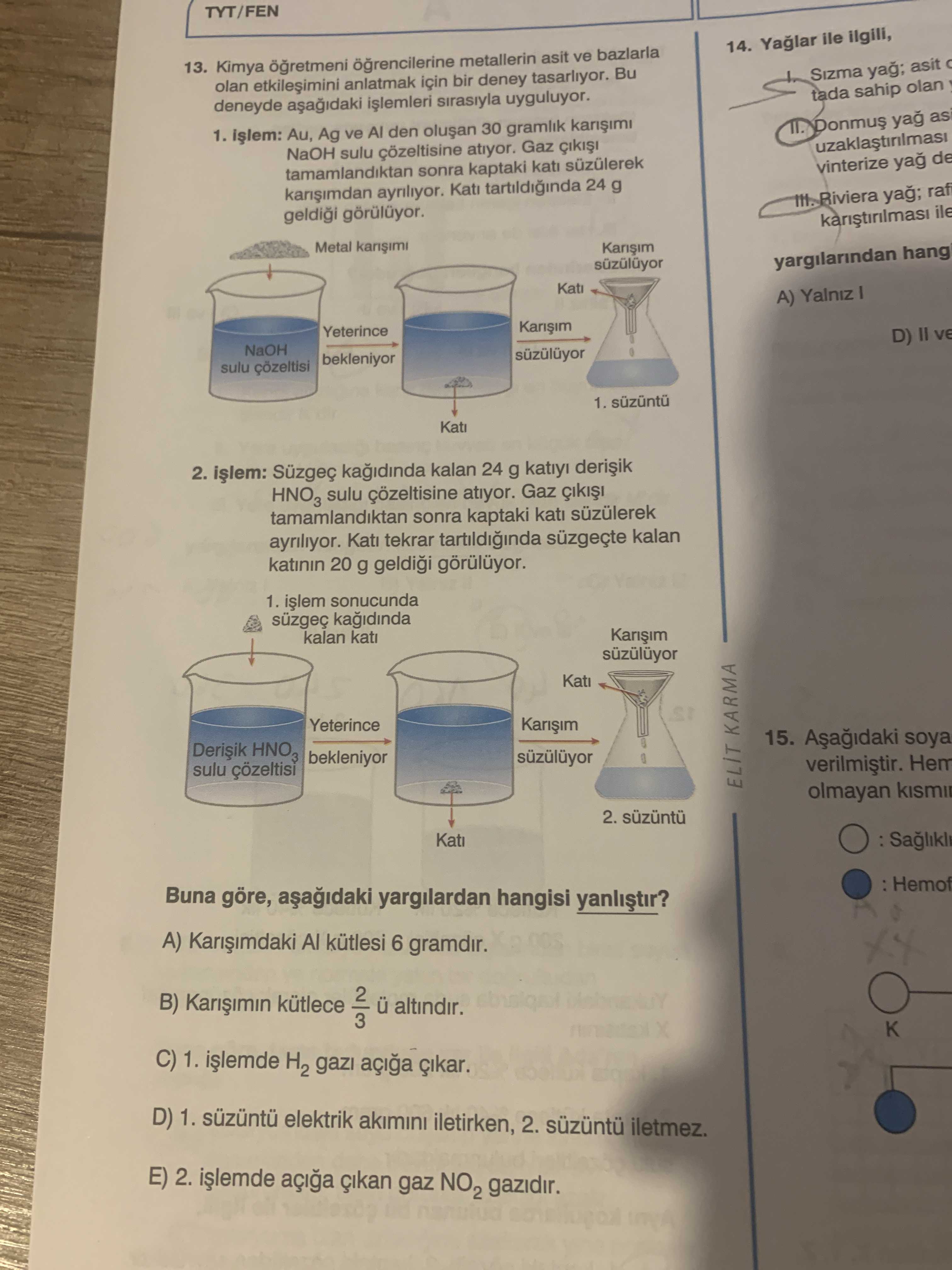 Kimya öğretmeni öğrencilerine metallerin asit ve bazlarla olan etkileşimini anlatmak için bir deney