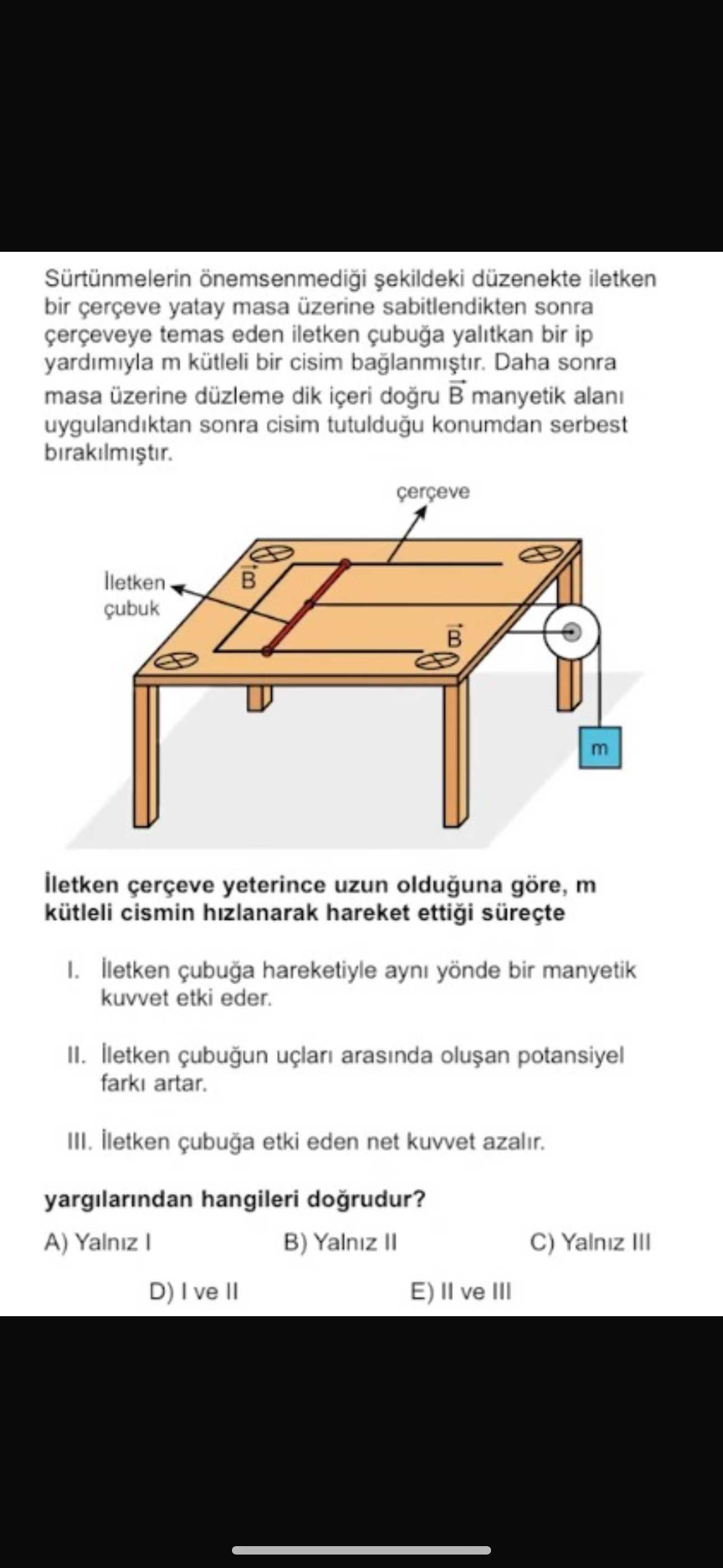 Sürtünmelerin önemsenmediği şekildeki düzenekte iletken bir çerçeve yatay masa üzerine