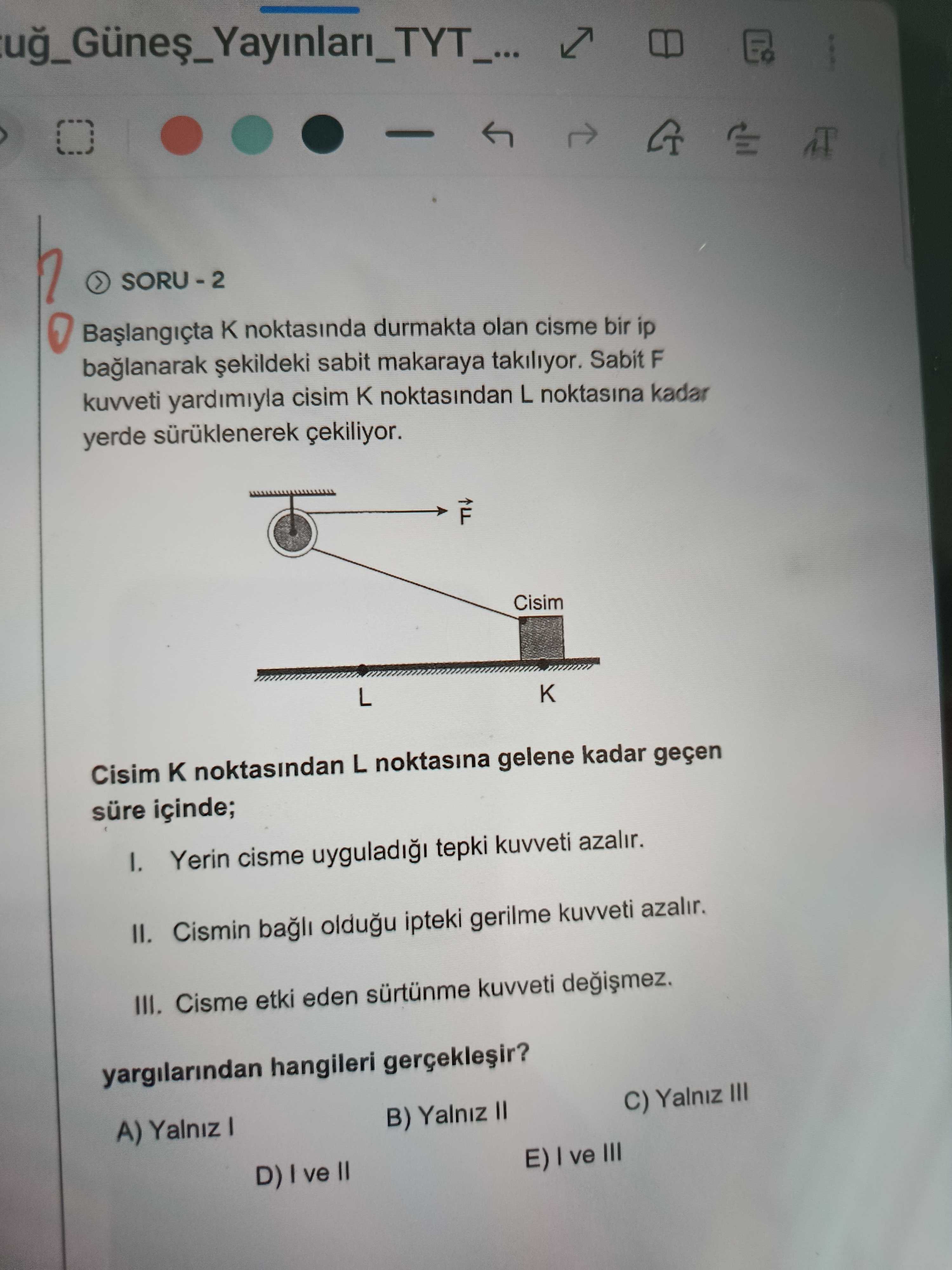 Başlangıçta K noktasında durmakta olan cisme bir ip bağlanarak şekildeki sabit makaraya takılıyor