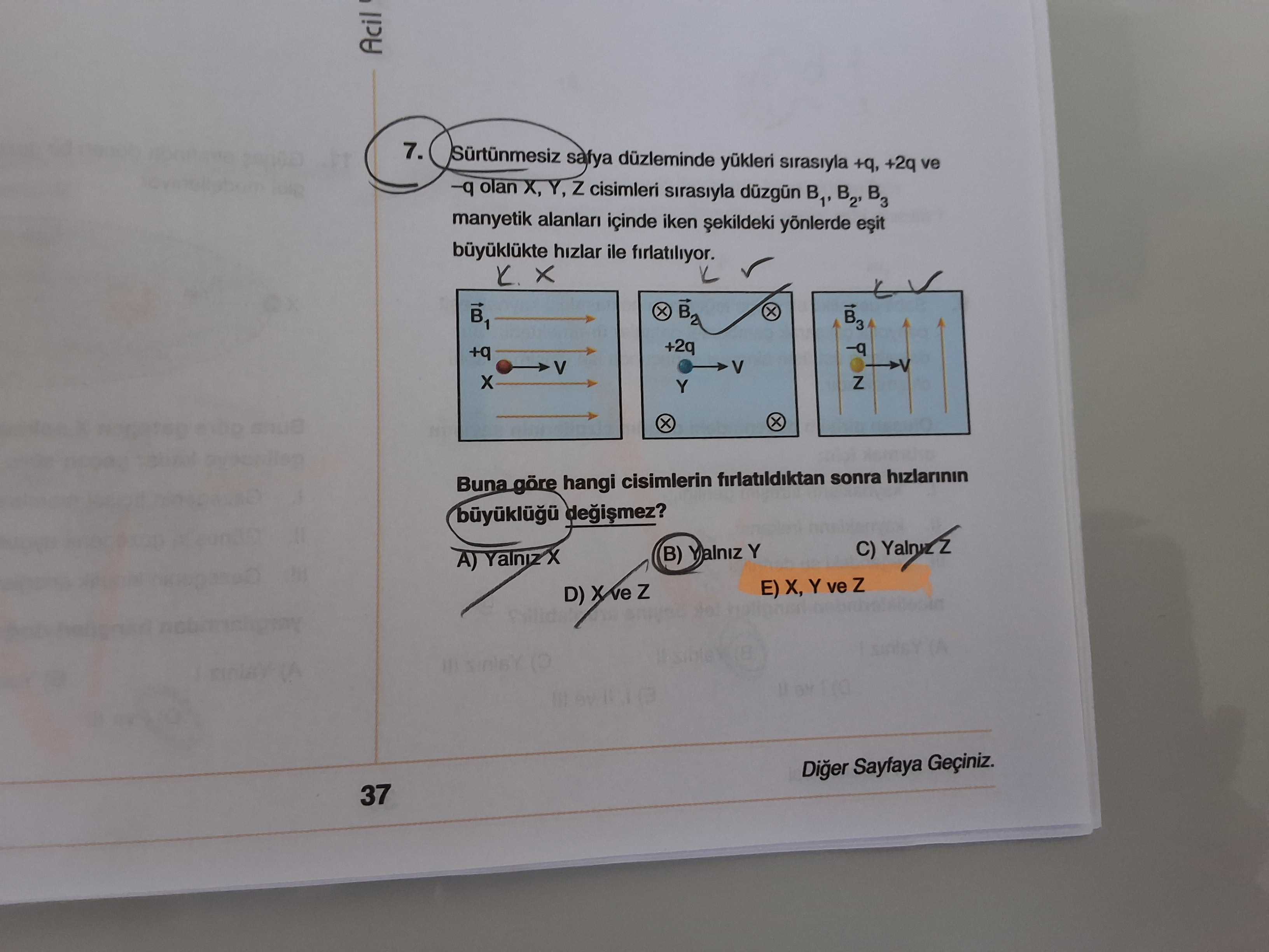 Sürtünmesiz safya düzleminde yükleri sırasıyla +q, +2q ve -q olan X, Y, Z cisimleri sırasıyla düzgün