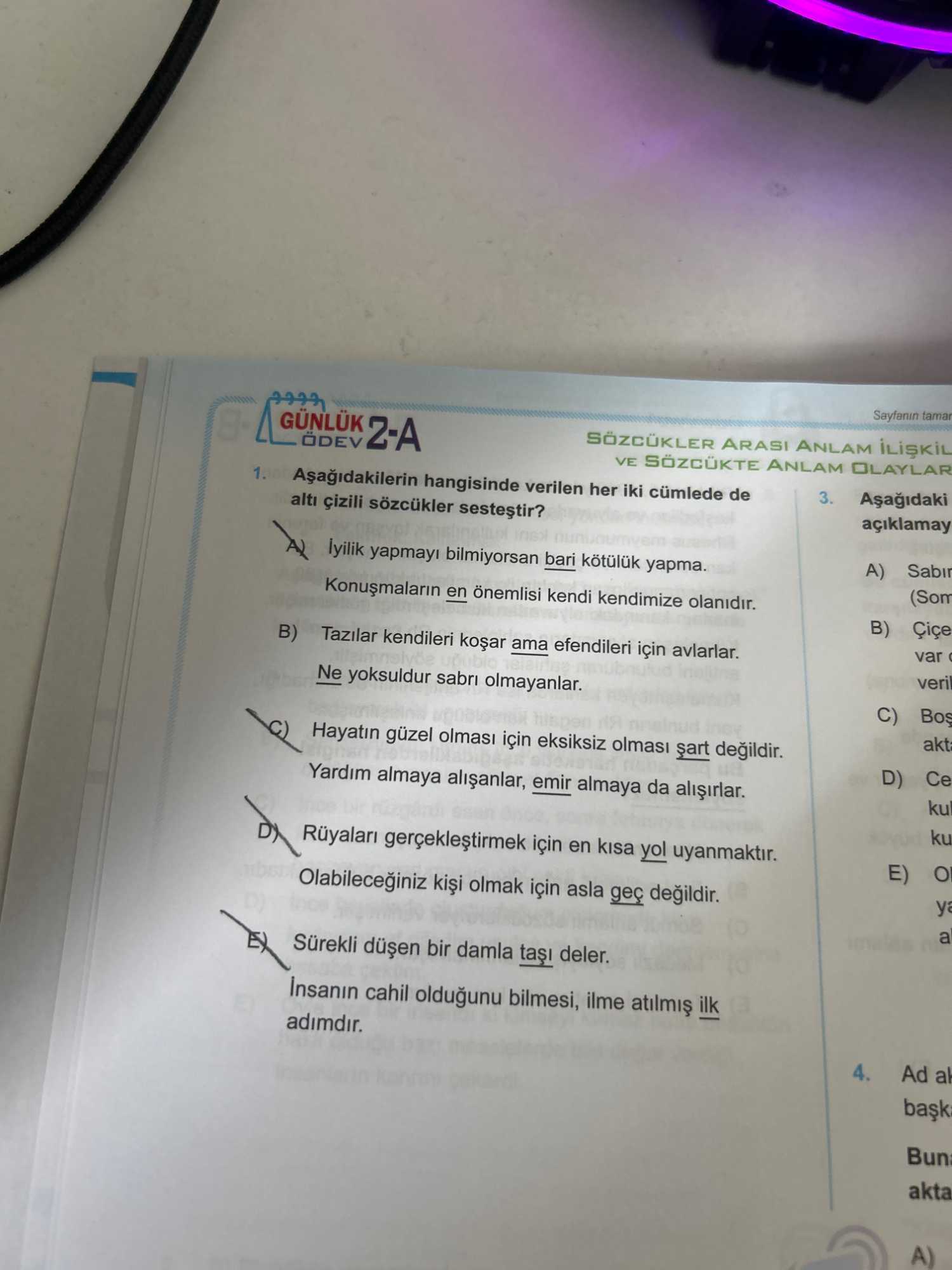 Aşağıdakilerin hangisinde verilen her iki cümlede de altı çizili sözcükler sesteştir?