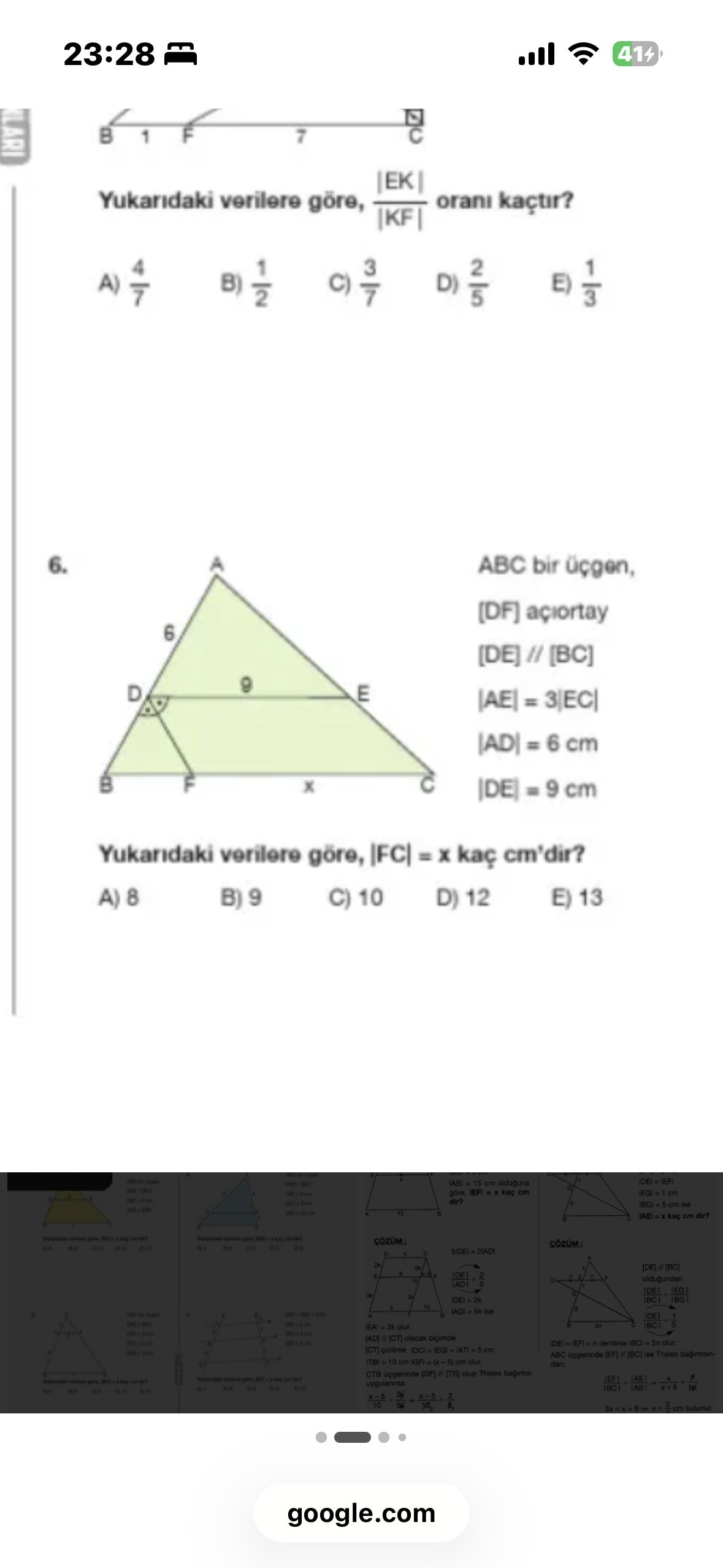 ABC bir üçgen, [DF] açıortay [DE] // [BC] |AE| = 3|EC| |AD| = 6 cm |DE| = 9 cm Yukarıdaki verilere