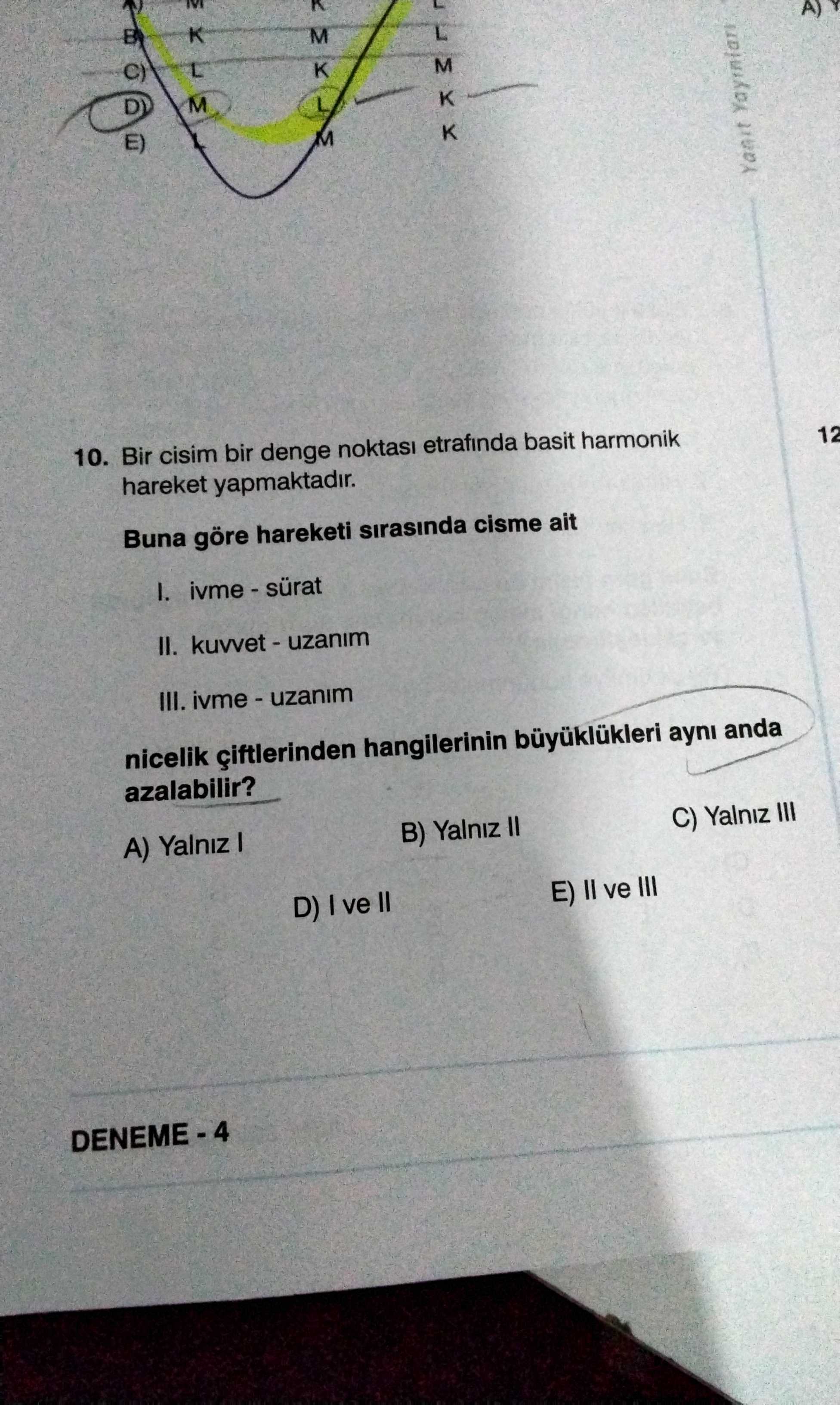 Bir cisim bir denge noktası etrafında basit harmonik hareket yapmaktadır. Buna göre hareketi