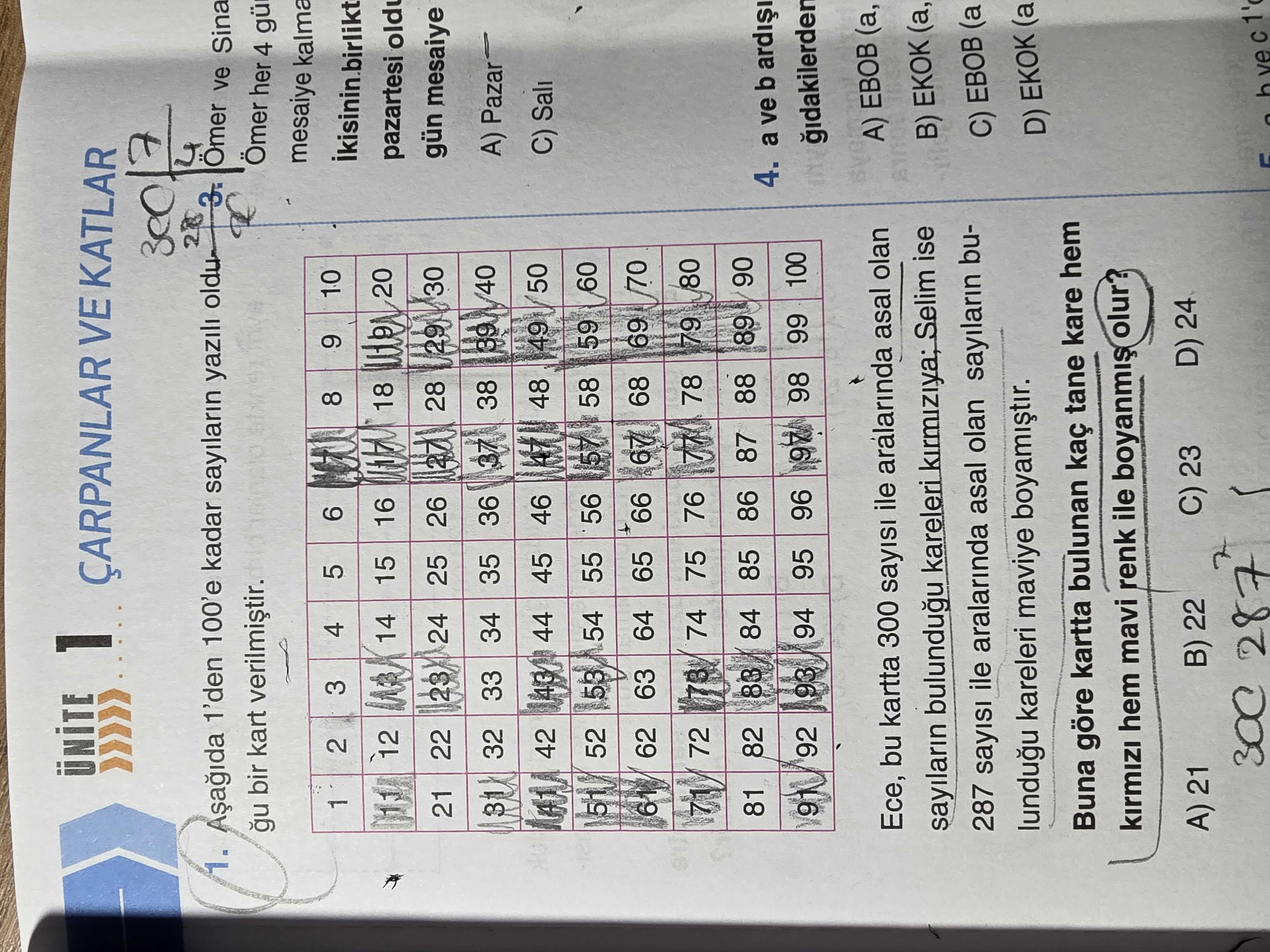 Aşağıda 1'den 100'e kadar sayıların yazılı olduğu bir kart verilmiştir. Ece, bu kartta 300 sayısı