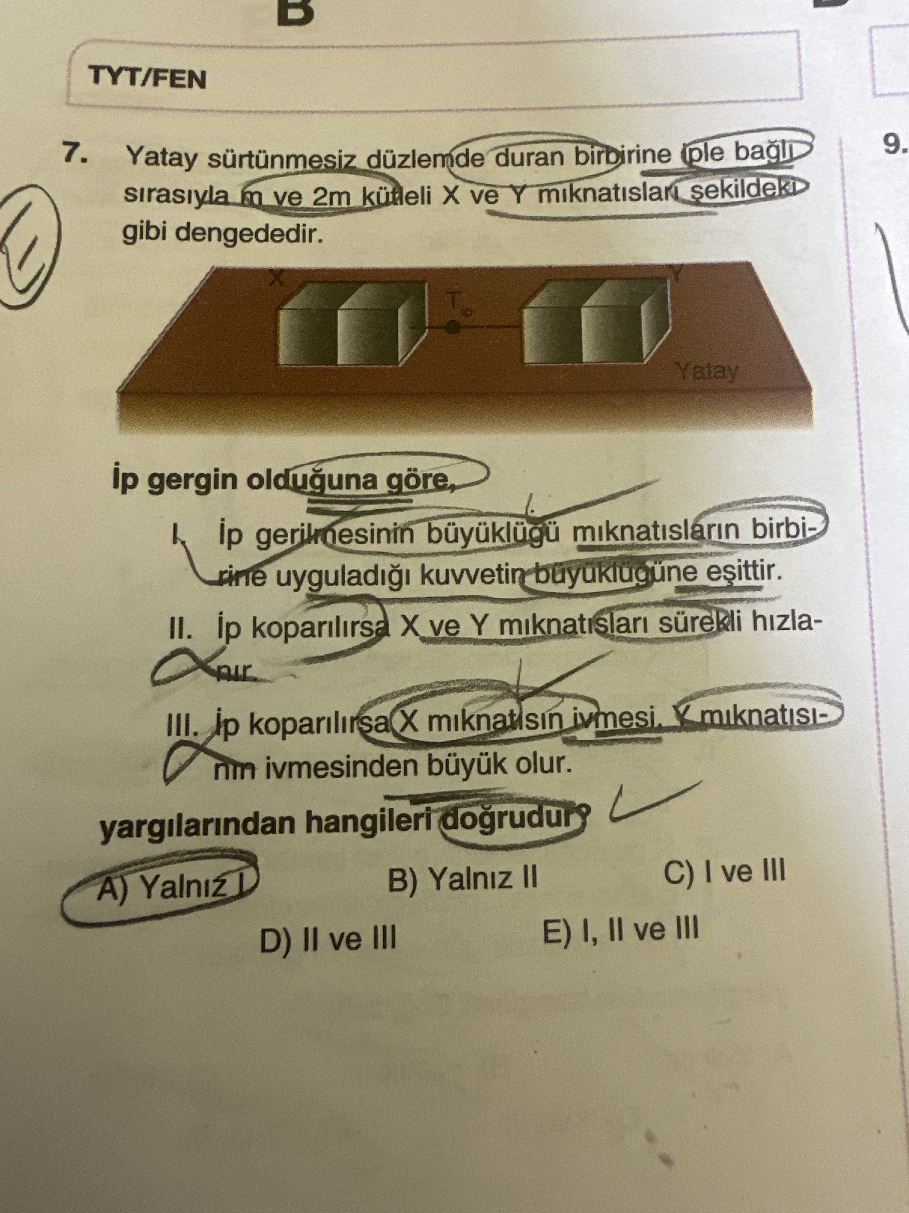 Yatay sürtünmesiz düzlemde duran birbirine iple bağlı sırasıyla m ve 2m kütleli X ve Y mıknatısları