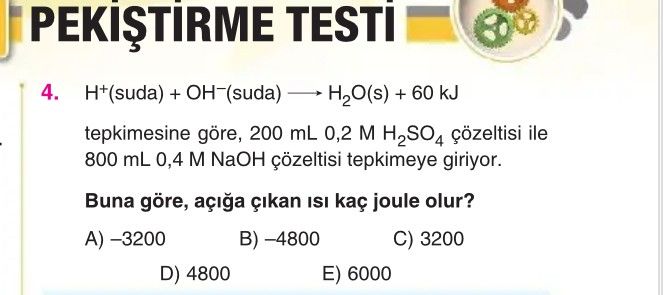 H⁺(suda) + OH⁻(suda) ——> H₂O(s) + 60 kJ tepkimesine göre, 200 mL 0,2 M H₂SO₄ çözeltisi ile 800 mL
