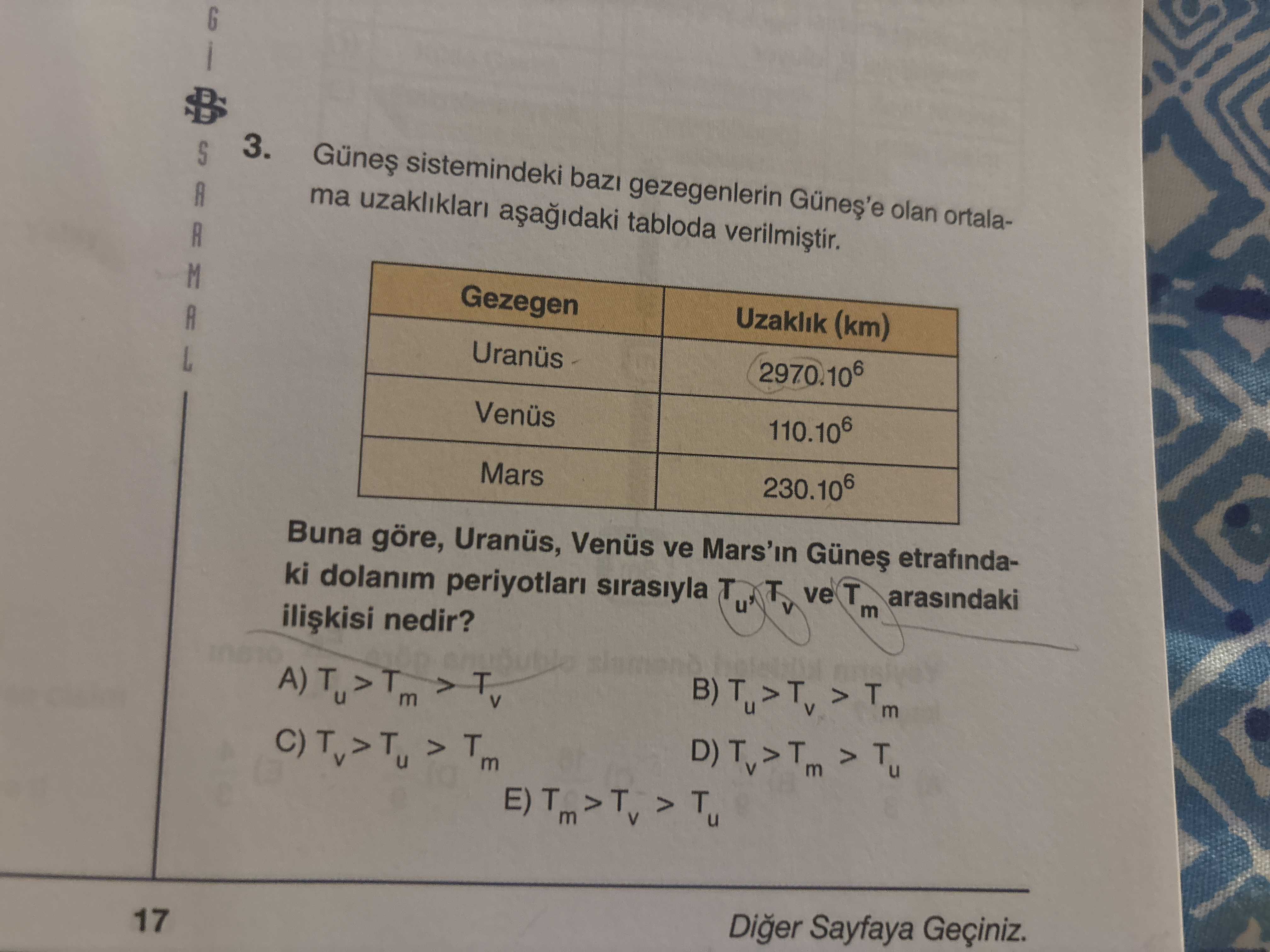 Güneş sistemindeki bazı gezegenlerin Güneş'e olan ortalama uzaklıkları aşağıdaki tabloda