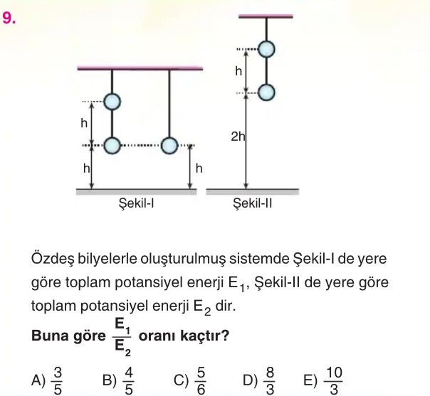 Özdeş bilyelerle oluşturulmuş sistemde Şekil-I de yere göre toplam potansiyel enerji E₁, Şekil-II de