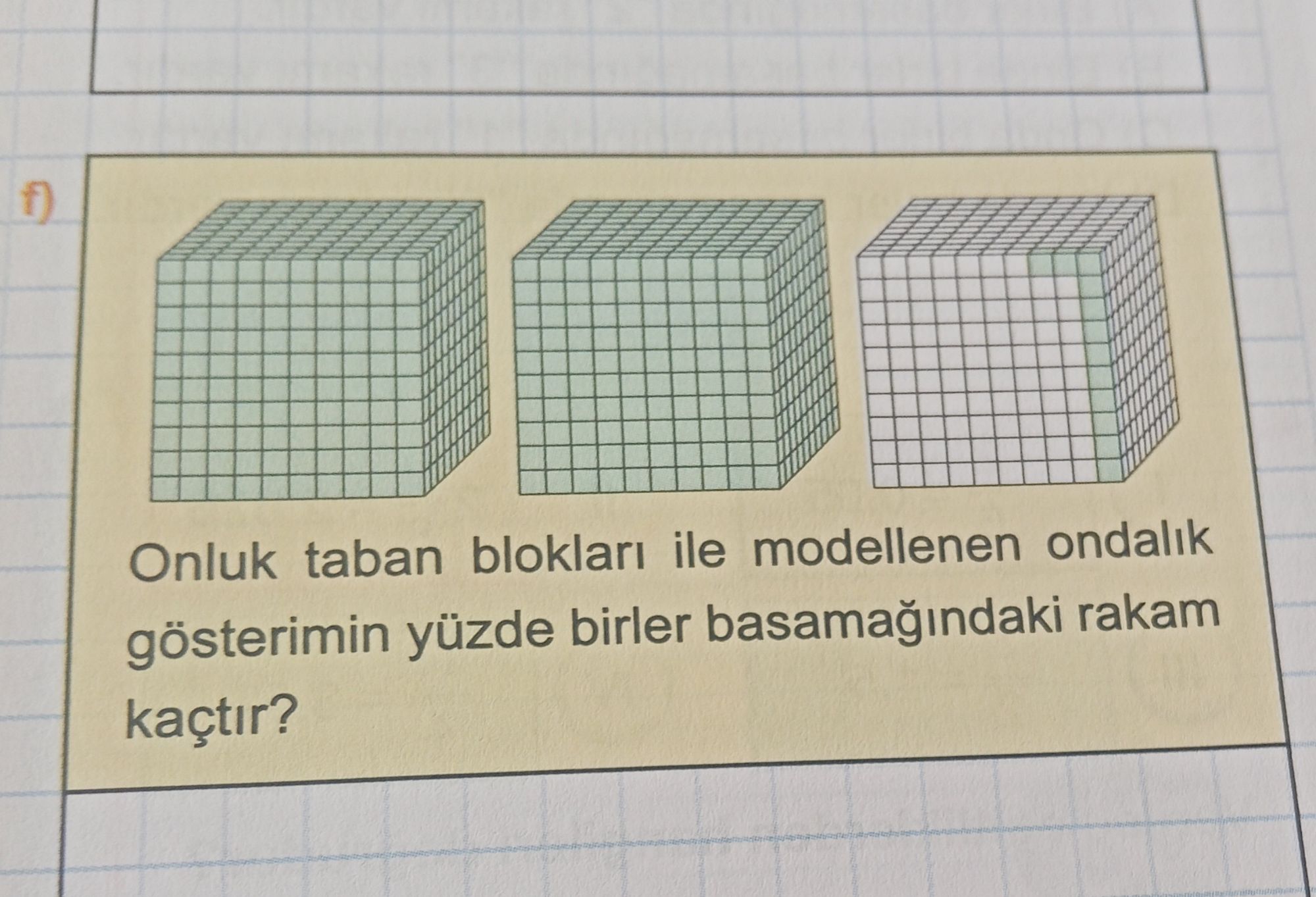 f) Onluk taban blokları ile modellenen ondalık gösterimin yüzde birler basamağındaki rakam kaçtır?
