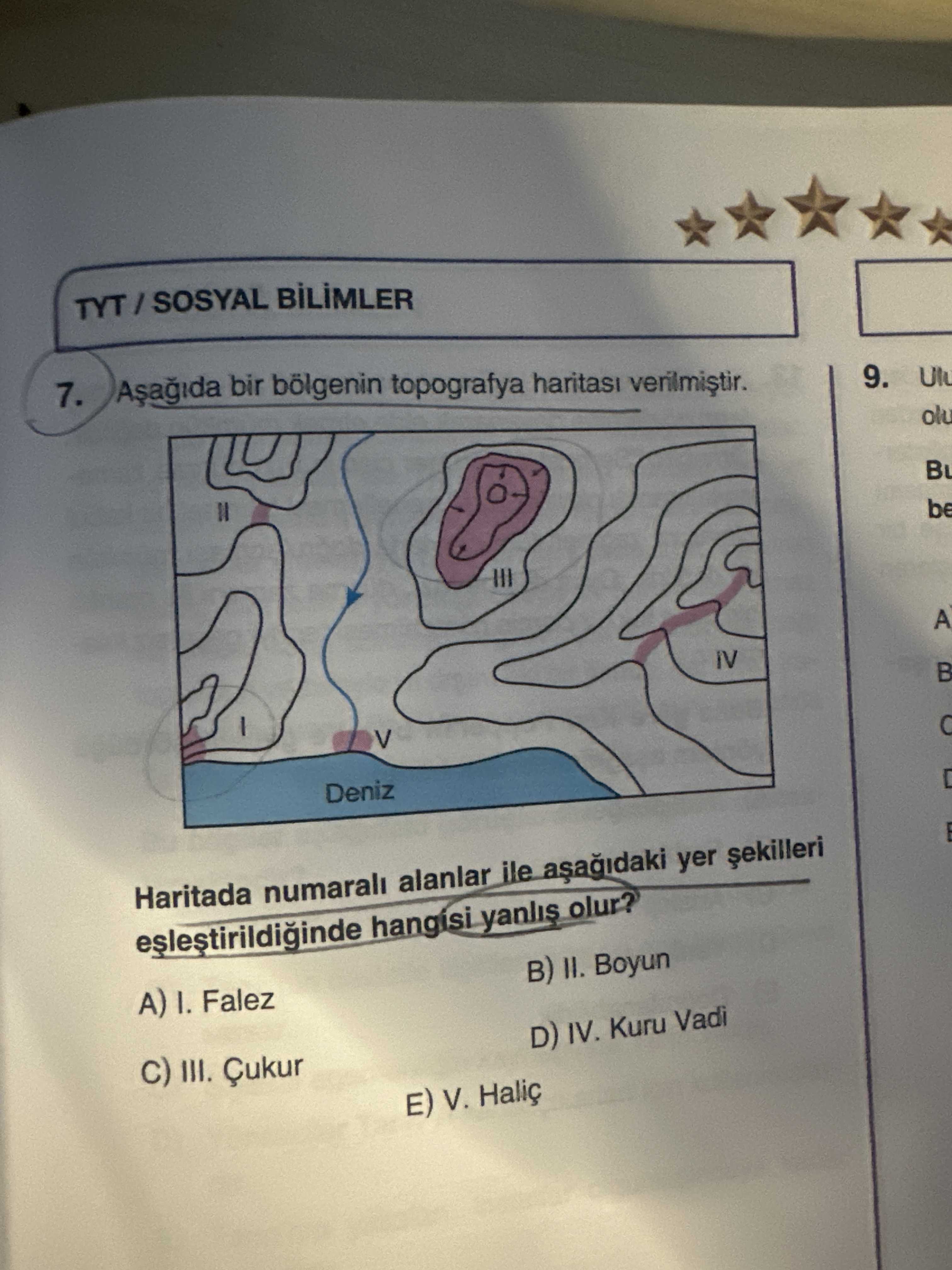 Aşağıda bir bölgenin topografya haritası verilmiştir. Haritada numaralı alanlar ile aşağıdaki yer