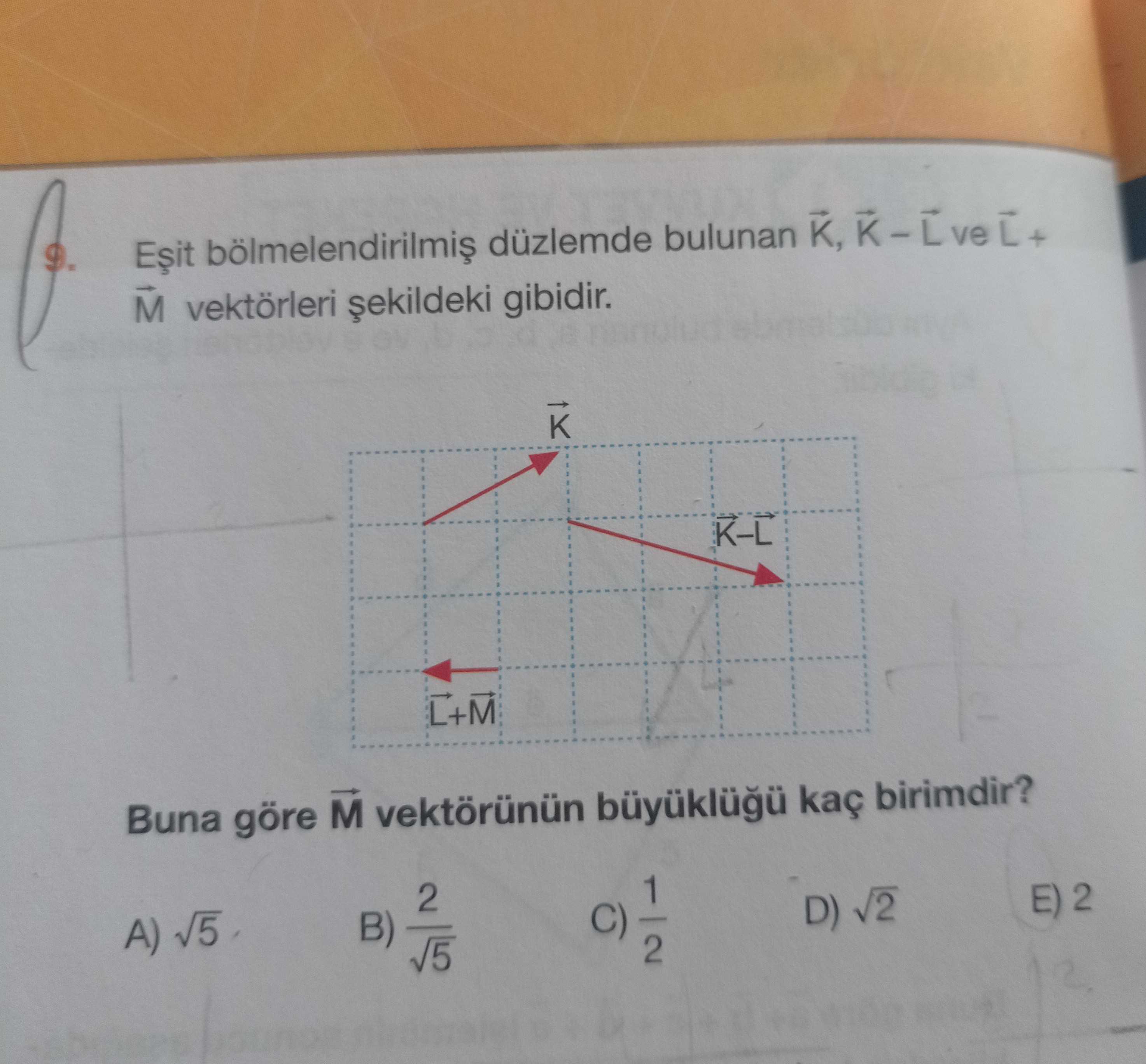 Eşit bölmelendirilmiş düzlemde bulunan K→, K→ – L→ ve L→ + M→ vektörleri şekildeki gibidir. Buna