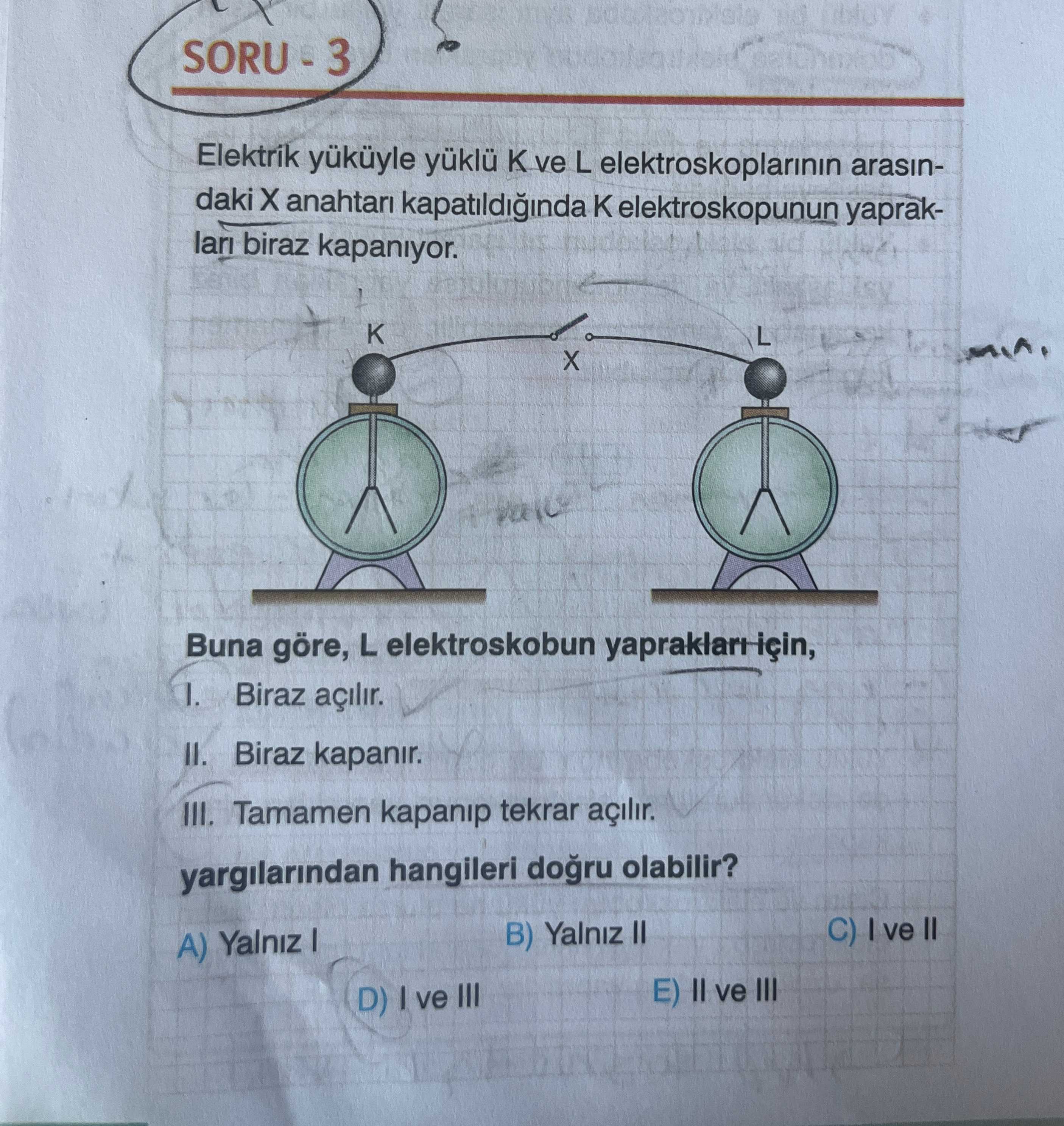 Elektrik yüküyle yüklü K ve L elektroskoplarının arasındaki X anahtarı kapatıldığında K