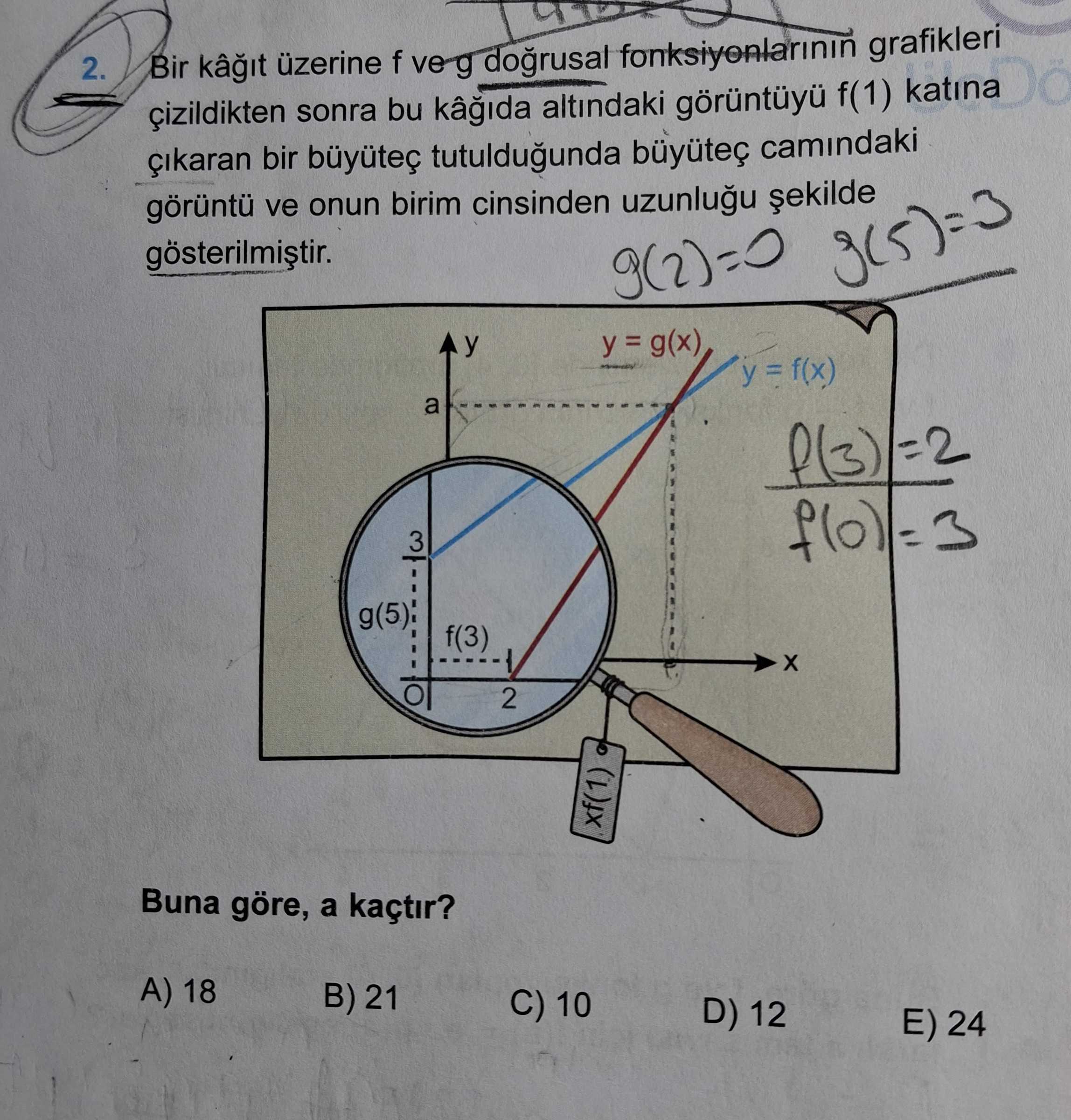 Bir kâğıt üzerine f ve g doğrusal fonksiyonlarının grafikleri çizildikten sonra bu kâğıda altındaki