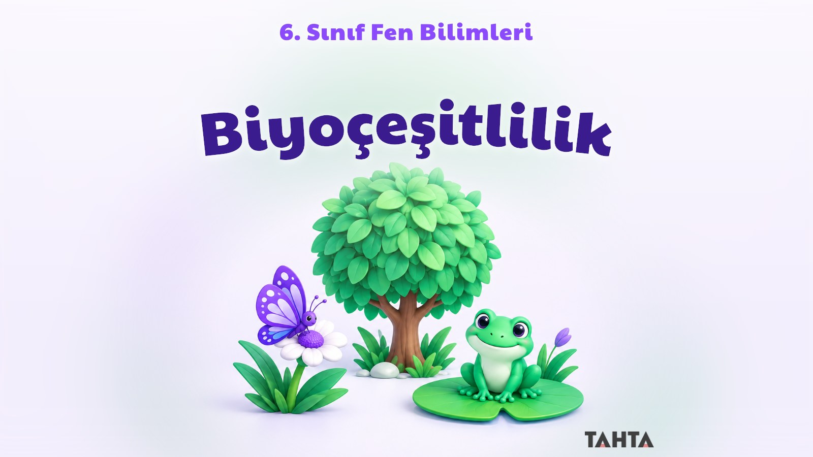 Mor ve yeşil tonlarda ağaç, kelebek ve kurbağadan oluşan biyoçeşitlilik konulu kapak görseli