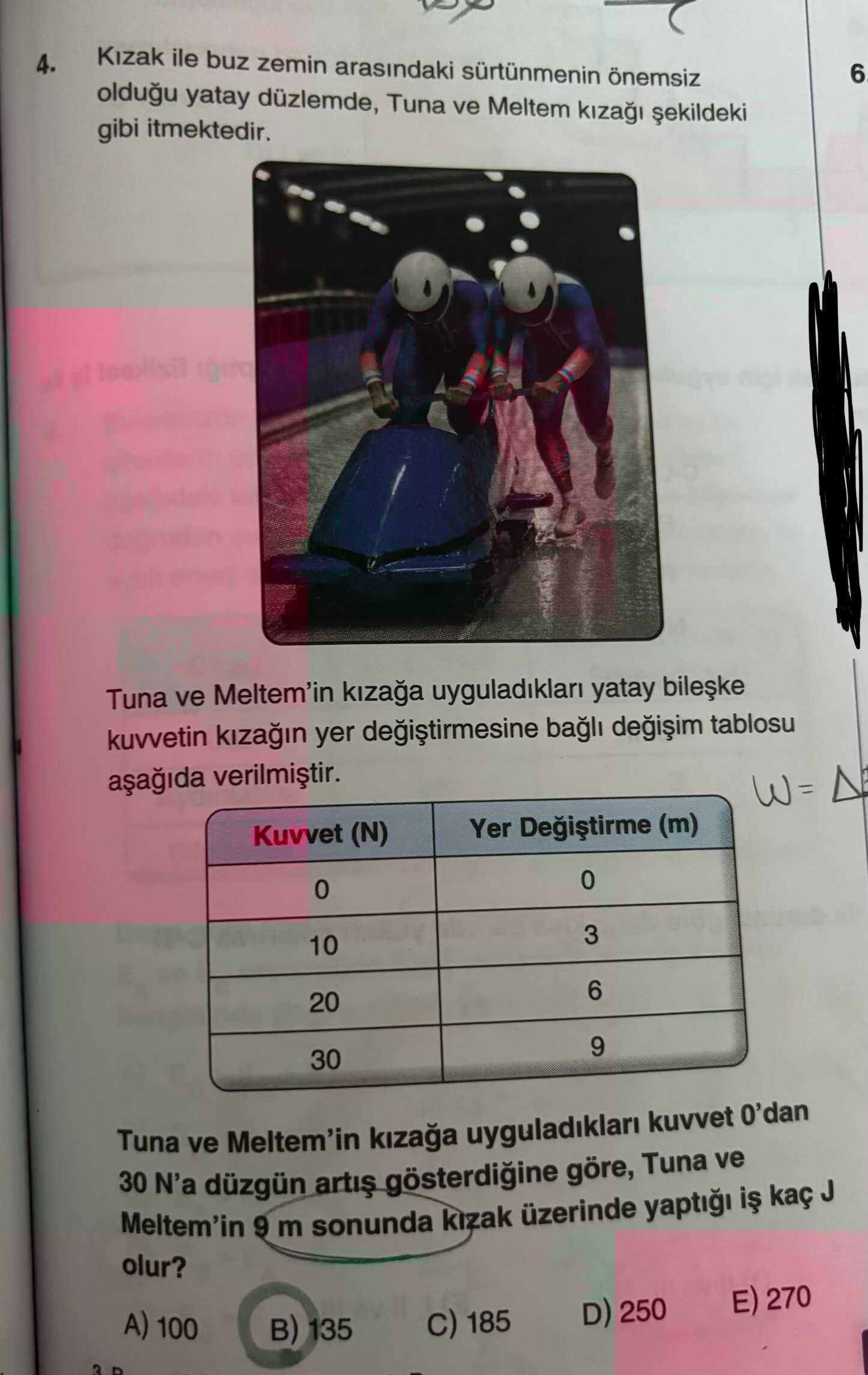Kızak ile buz zemin arasındaki sürtünmenin önemsiz olduğu yatay düzlemde, Tuna ve Meltem kızağı