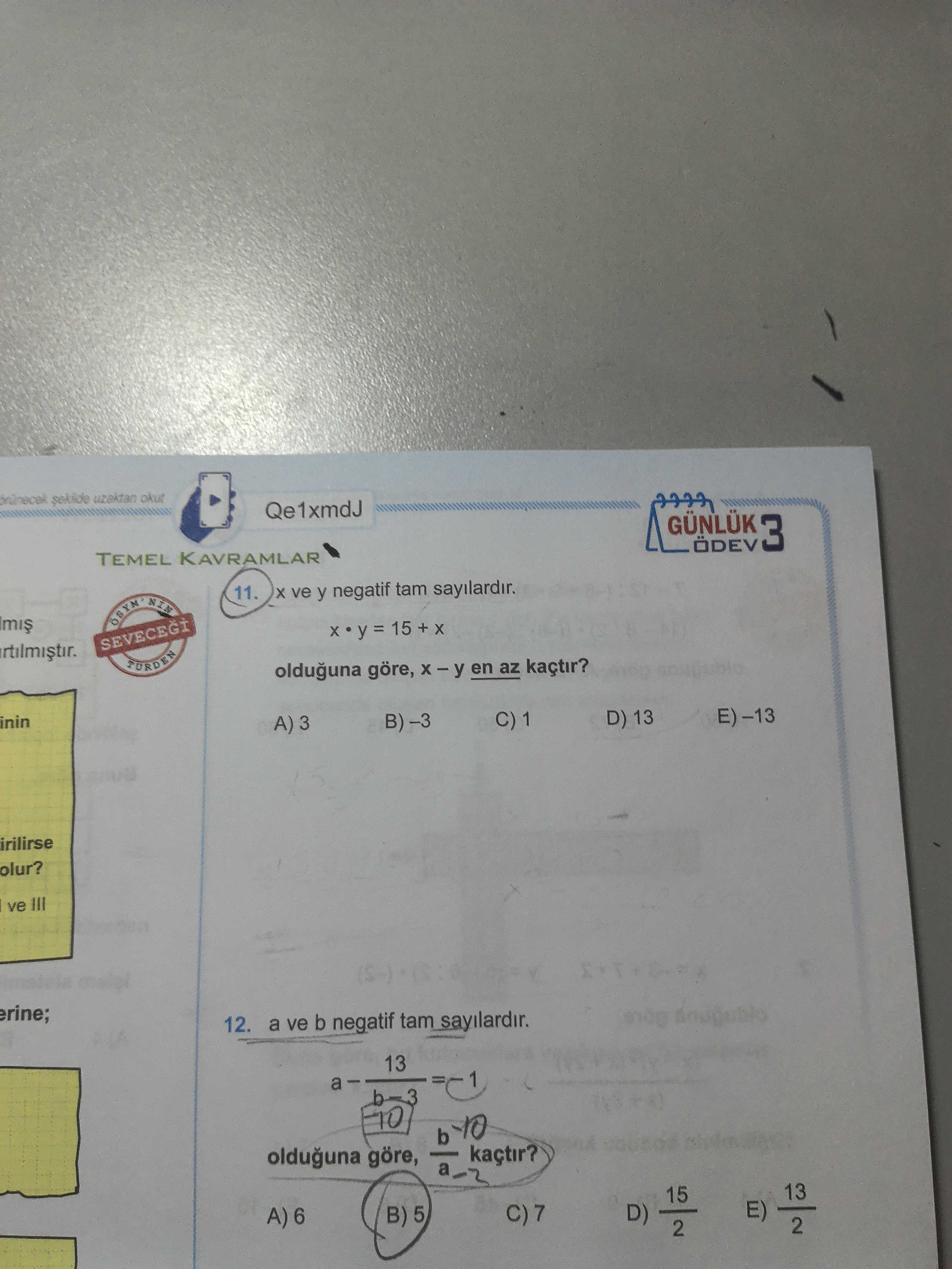 x ve y negatif tam sayılardır. x • y = 15 + x olduğuna göre, x – y en az kaçtır?
