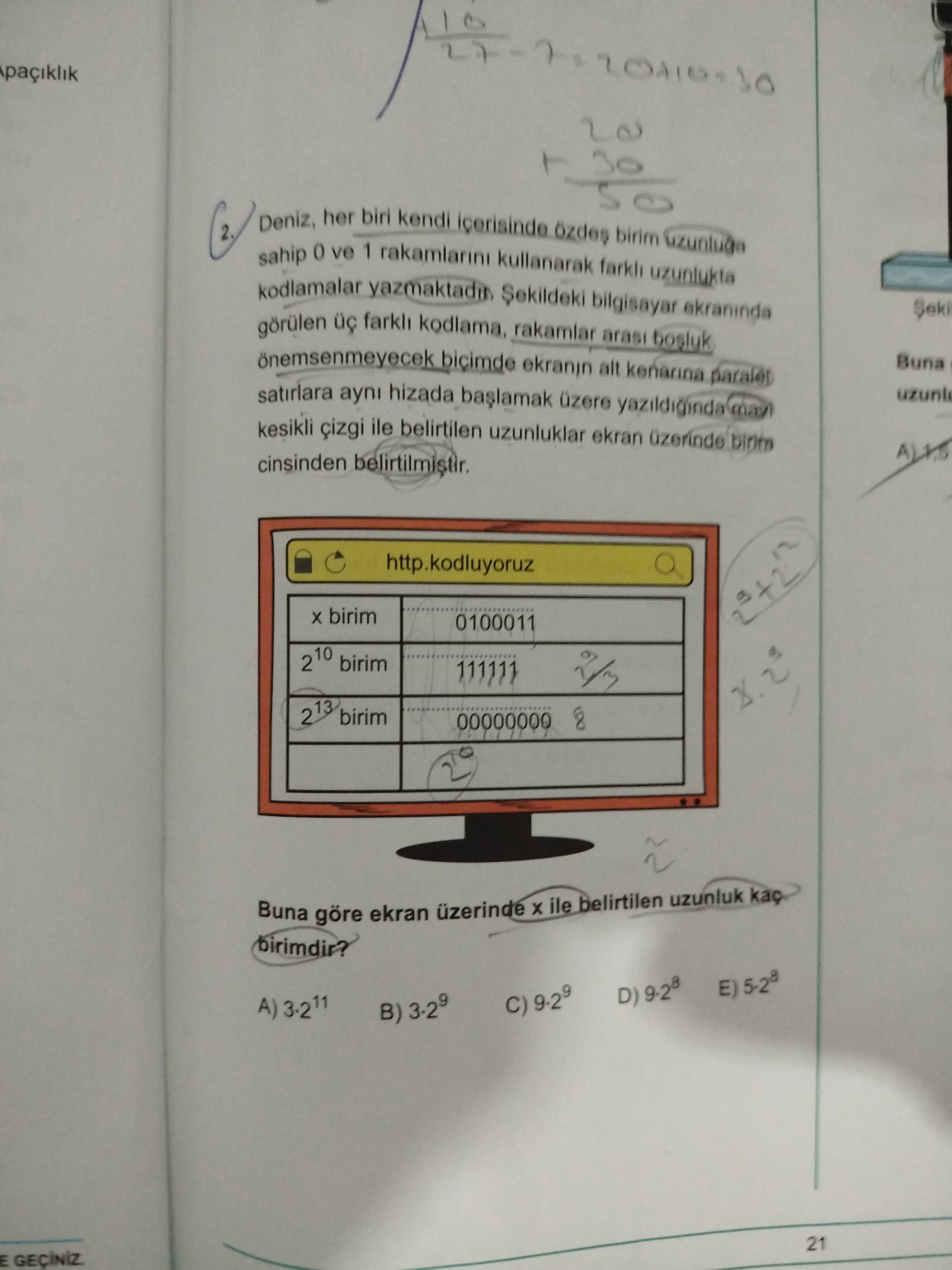 Deniz, her biri kendi içerisinde özdeş birim uzunluğa sahip 0 ve 1 rakamlarını kullanarak farklı