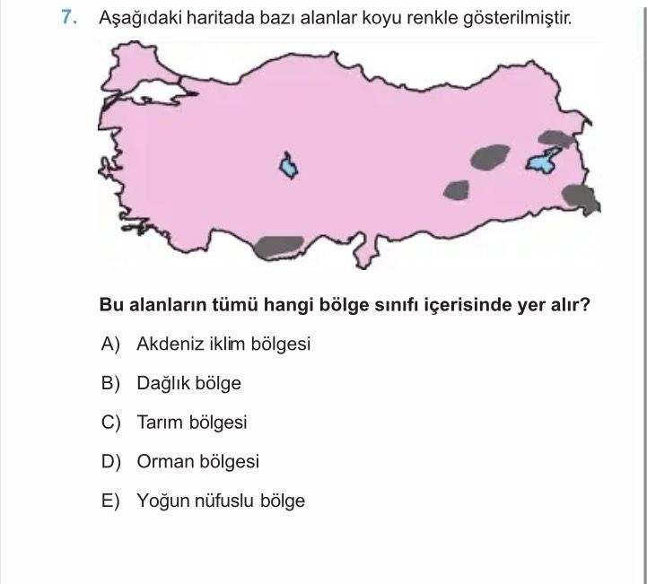 Aşağıdaki haritada bazı alanlar koyu renkle gösterilmiştir. Bu alanların tümü hangi bölge sınıfı