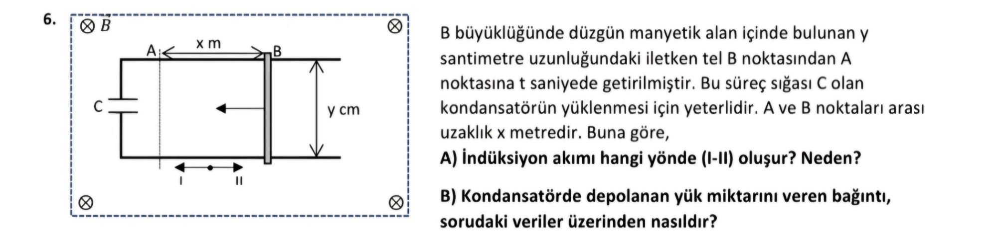 B büyüklüğünde düzgün manyetik alan içinde bulunan y santimetre uzunluğundaki iletken tel B