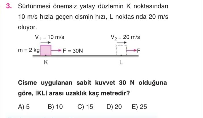 Sürtünmesi önemsiz yatay düzlemin K noktasından 10 m/s hızla geçen cismin hızı, L noktasında 20 m/s