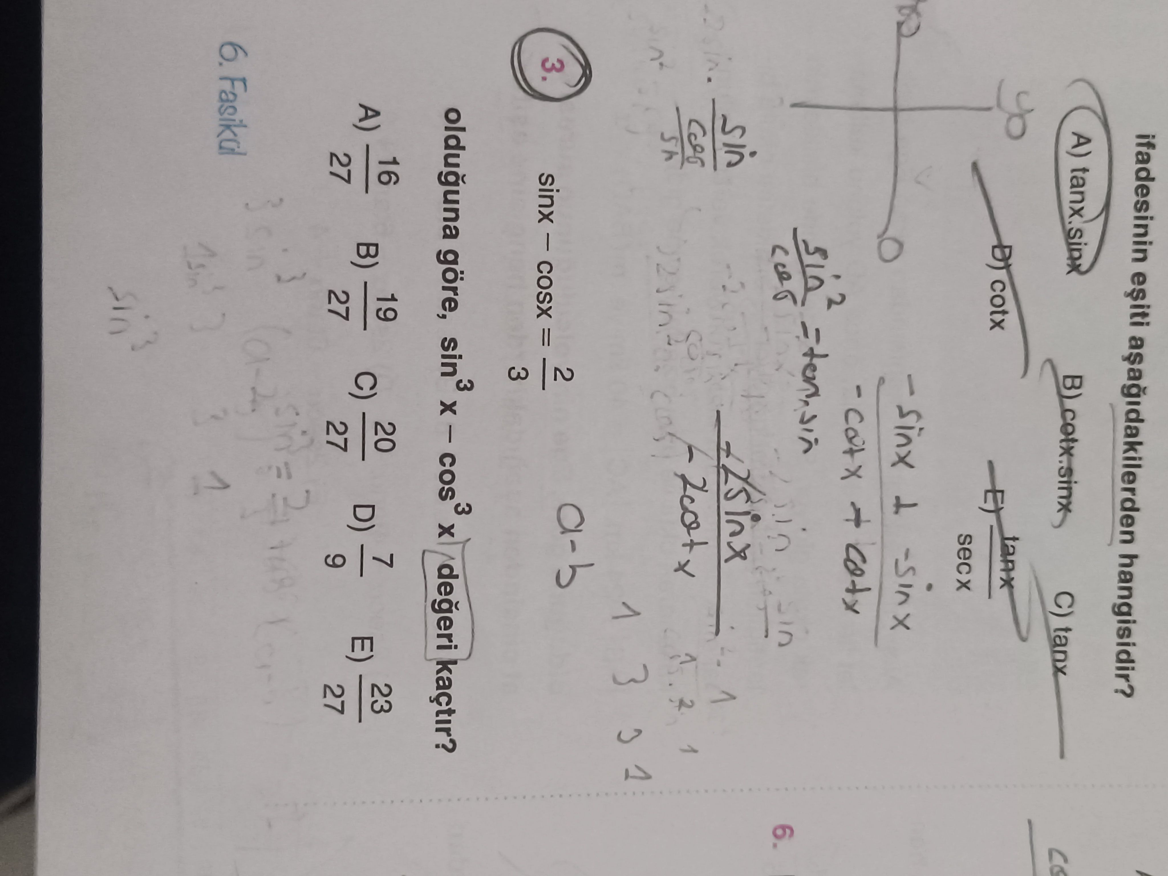 sinx − cosx = 2/3 olduğuna göre, sin³x − cos³x değeri kaçtır?