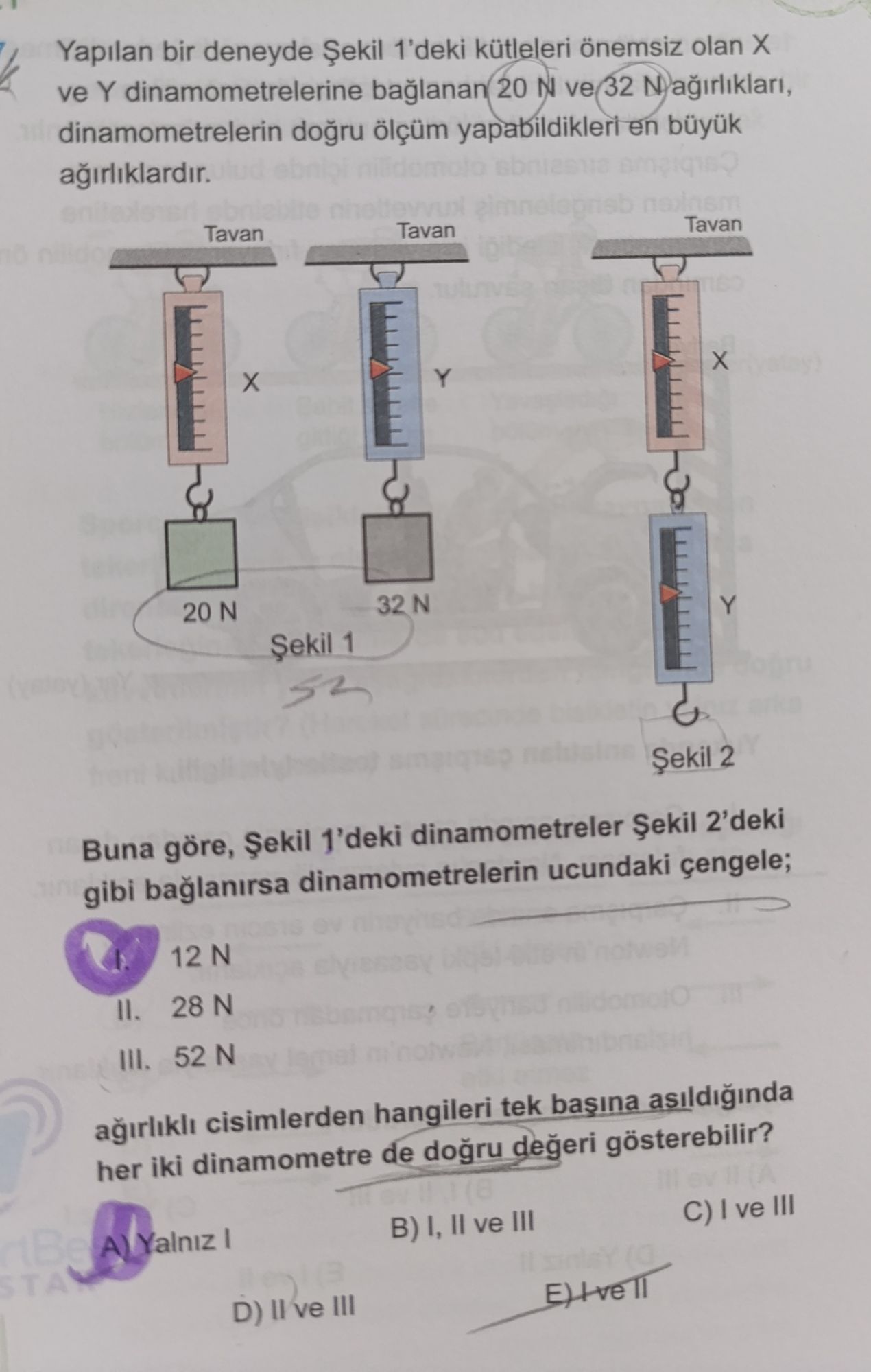 Yapılan bir deneyde Şekil 1'deki kütleleri önemsiz olan X ve Y dinamometrelerine bağlanan 20 N ve 32