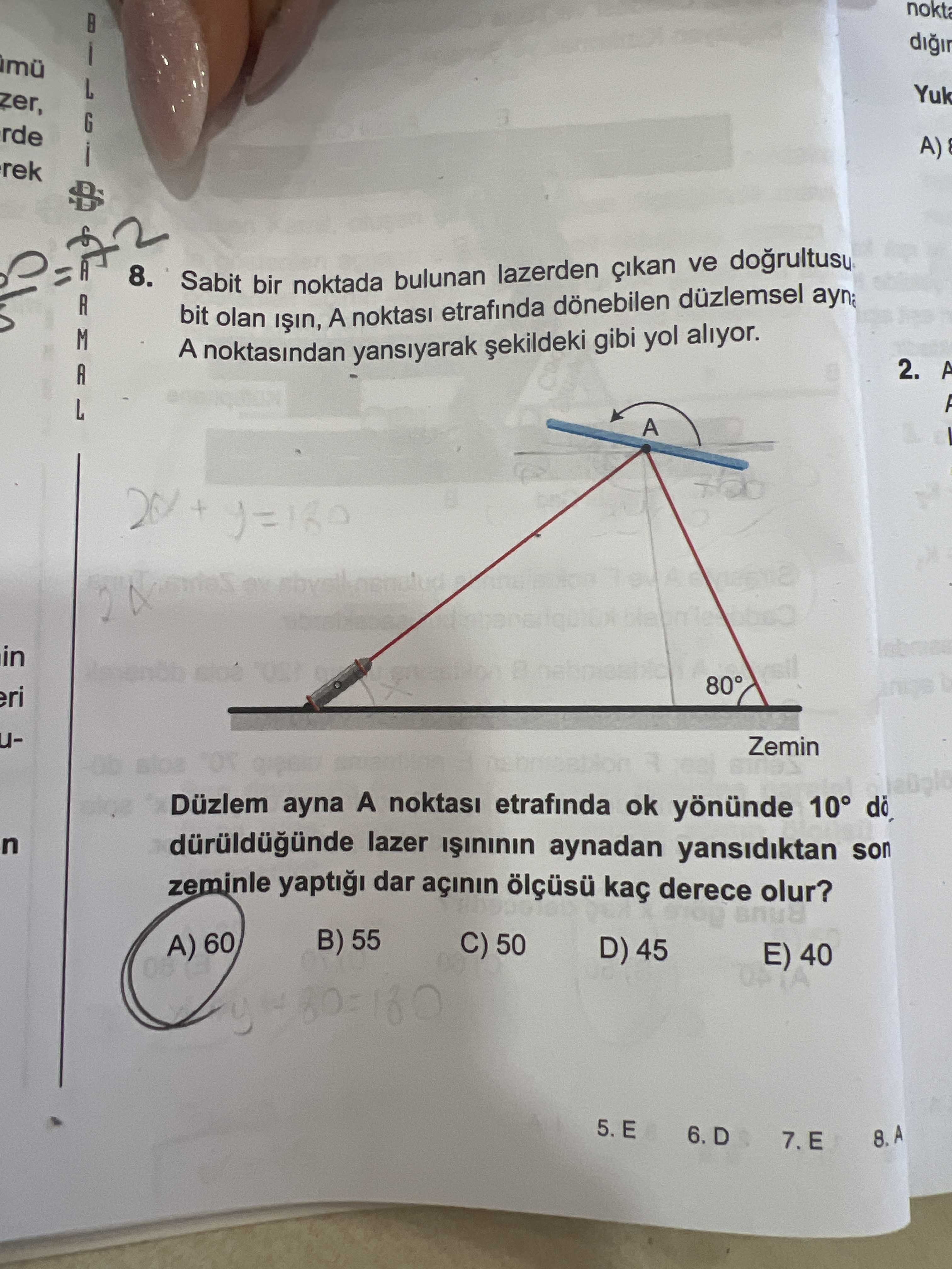Sabit bir noktada bulunan lazerden çıkan ve doğrultusu bit olan ışın, A noktası etrafında dönebilen