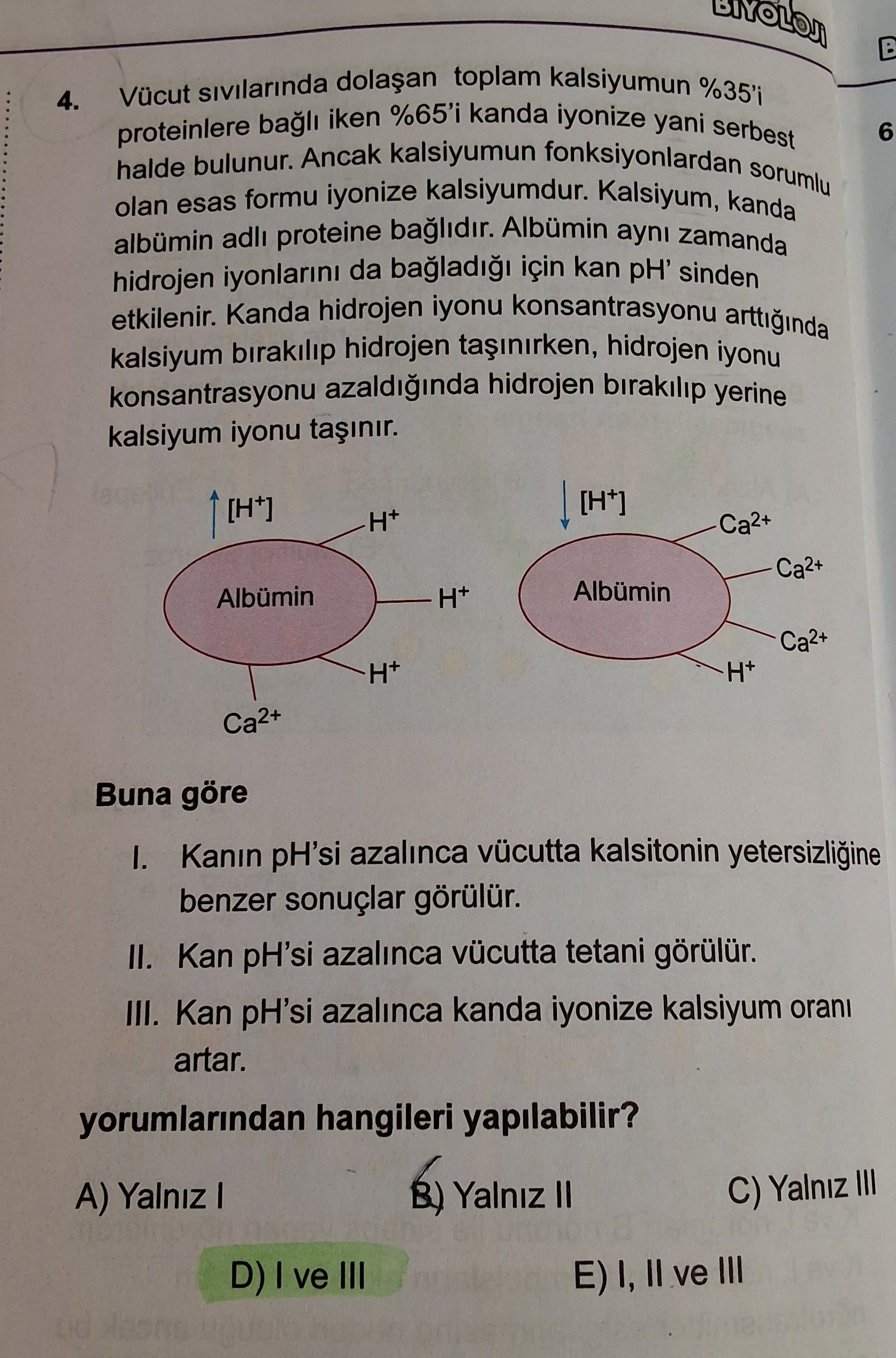 konsantrasyon okları var] 4. Vücut sıvılarında dolaşan toplam kalsiyumun %35'i proteinlere bağlı