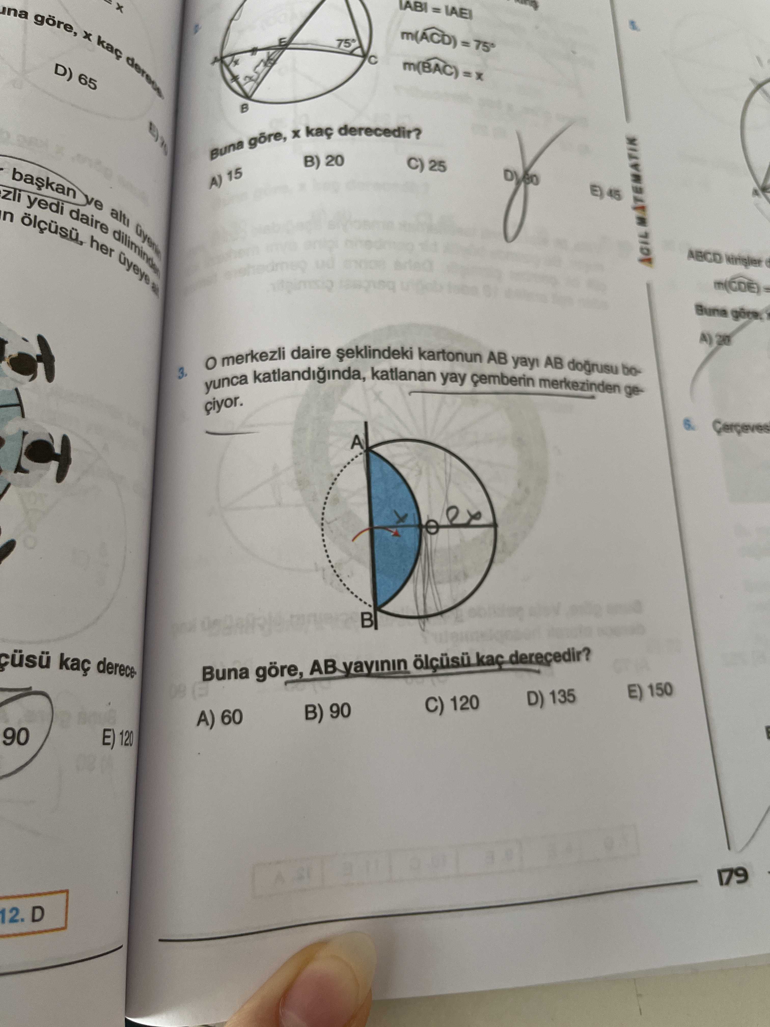 O merkezli daire şeklindeki kartonun AB yayı AB doğrusu boyunca katlandığında, katlanan yay çemberin