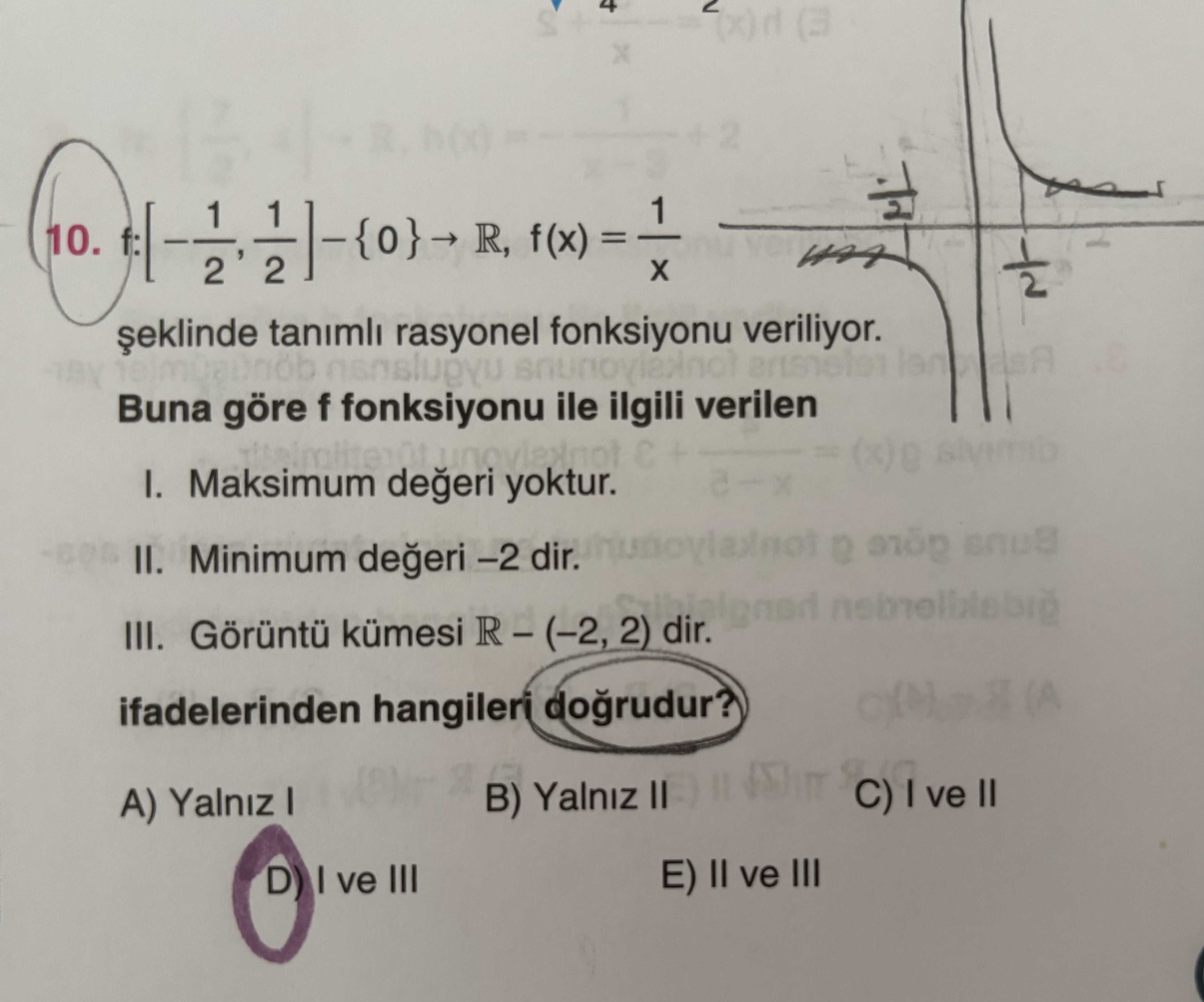 -{0} aralığındaki grafiği gösteriliyor] 10. f: [-1/2, 1/2] - {0} → ℝ, f(x) = 1/x şeklinde tanımlı