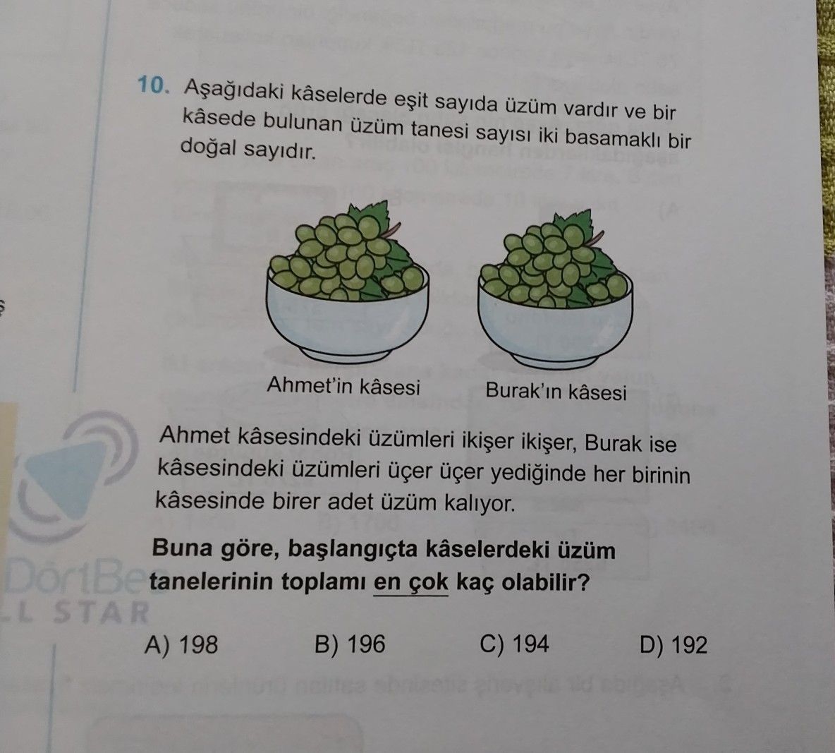 Aşağıdaki kâselerde eşit sayıda üzüm vardır ve bir kâsede bulunan üzüm tanesi sayısı iki basamaklı