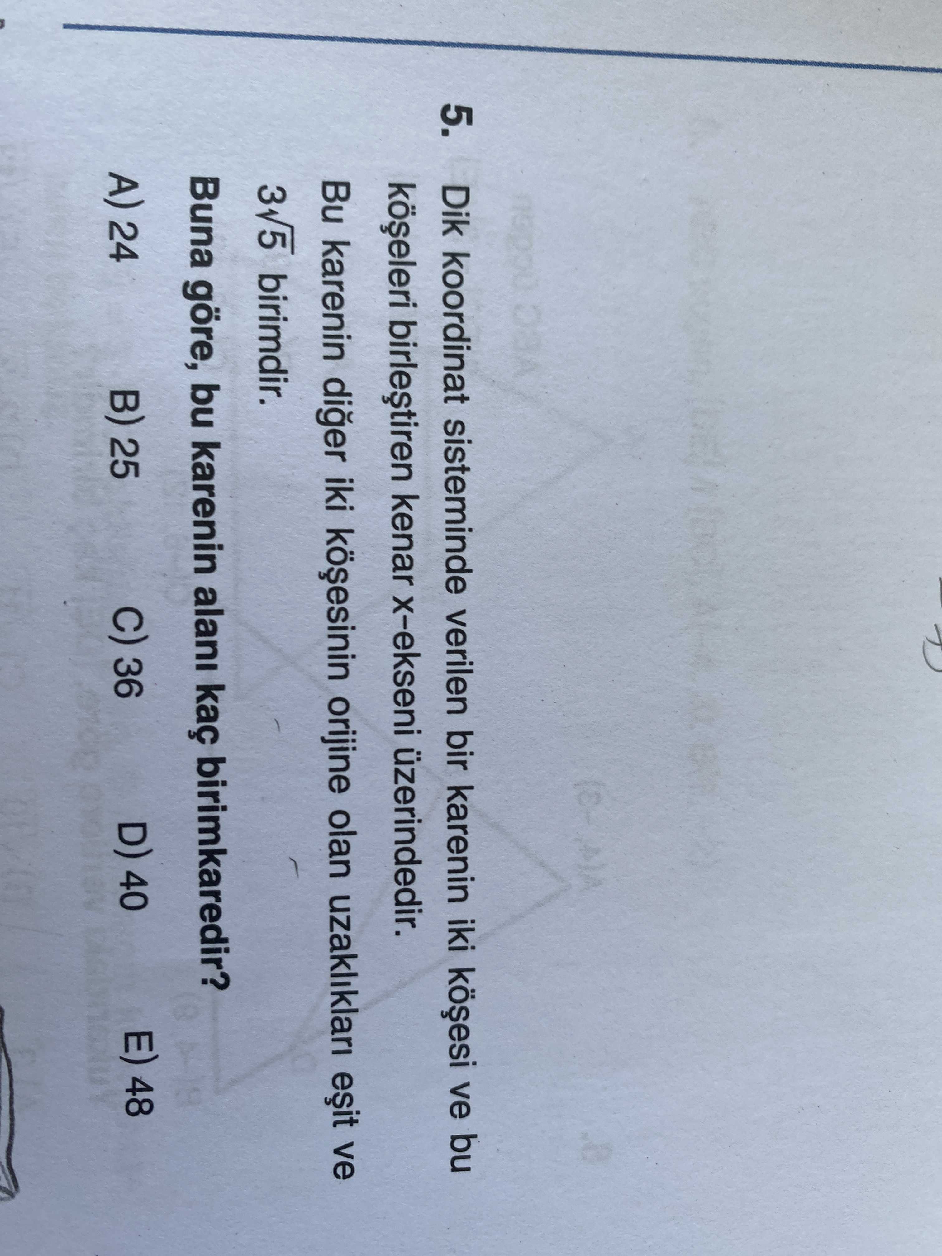 Dik koordinat sisteminde verilen bir karenin iki köşesi ve bu köşeleri birleştiren kenar x-ekseni