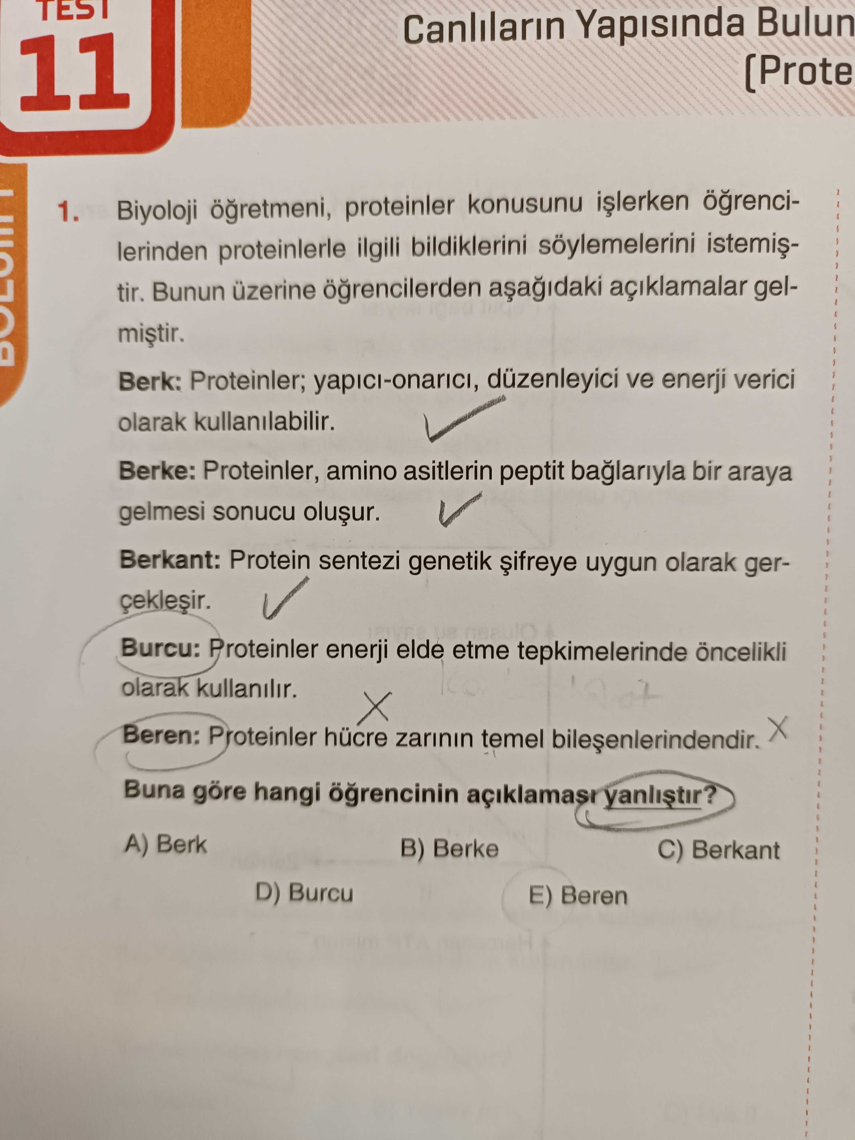 TEST Canlilarin Yapisinda Bulun 11 1. Biyoloji proteinler konusunu lerinden proteinlerle ilgili bildiklerini tir. Bunun üzerine açiklamalar gelBerk: Proteinler; yapici-onarici, düzenleyici ve enerji verici olarak kullanilabilir. Berke: Proteinler, amino asitlerin peptit bir araya gelmesi sonucu Berkant: Protein sentezi genetik uygun olarak gerBurcu: Proteinler enerji elde etme tepkimelerinde öncelikli olarak kullanilir. Beren: Proteinler hücre zarinin temel Buna göre hangi yanlistir. A) Berk B) Berke C) Berkant D) Burcu E) Beren TEST Canlilarin Yapisinda Bulun 11 1. A) Berk B) Berke C) Berkant D) Burcu E) Beren. ?? Model.Question.title