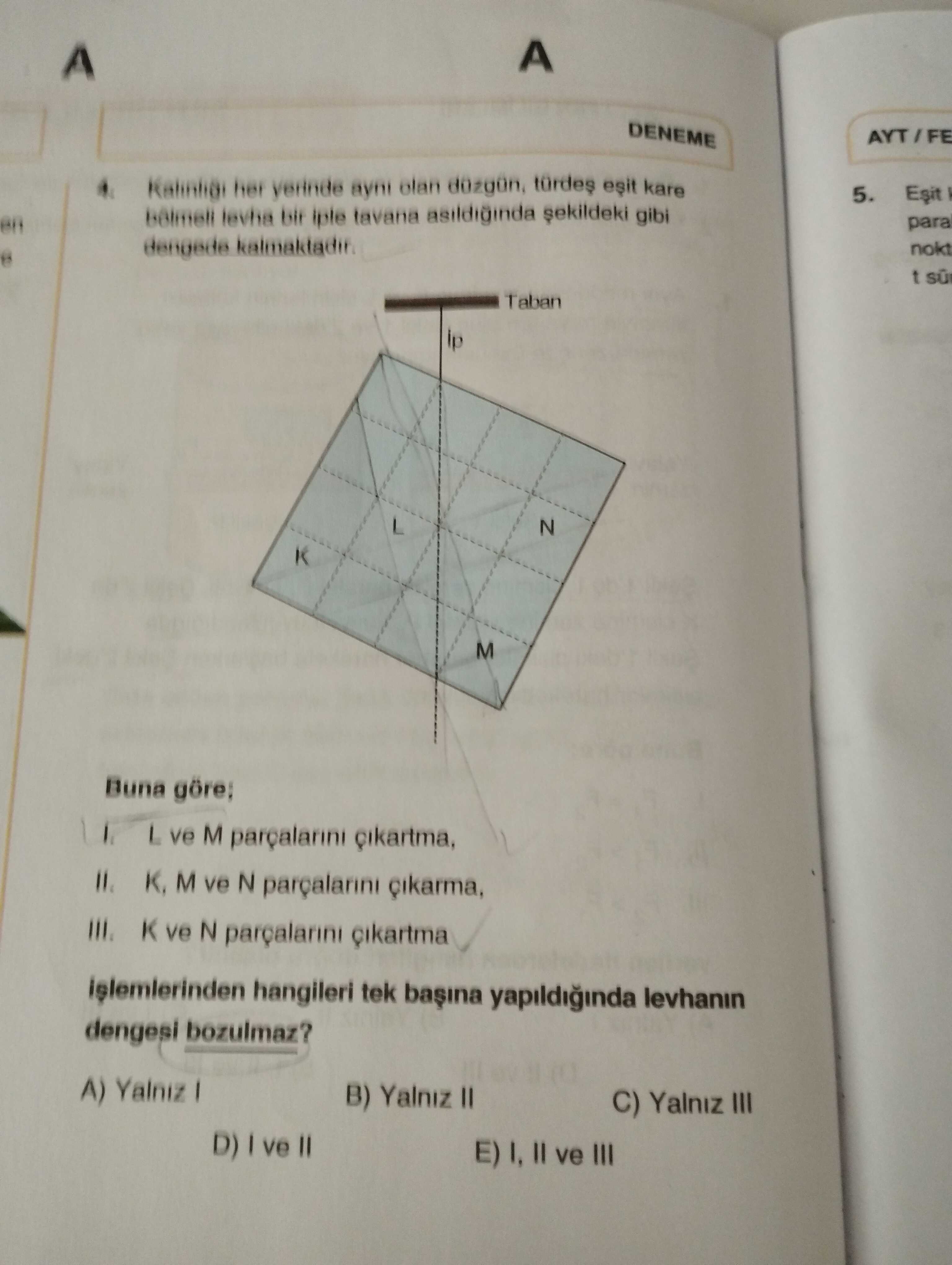 Kalınlığı her yerinde aynı olan düzgün, türdeş eşit kare bölmeli levha bir iple tavana asıldığında