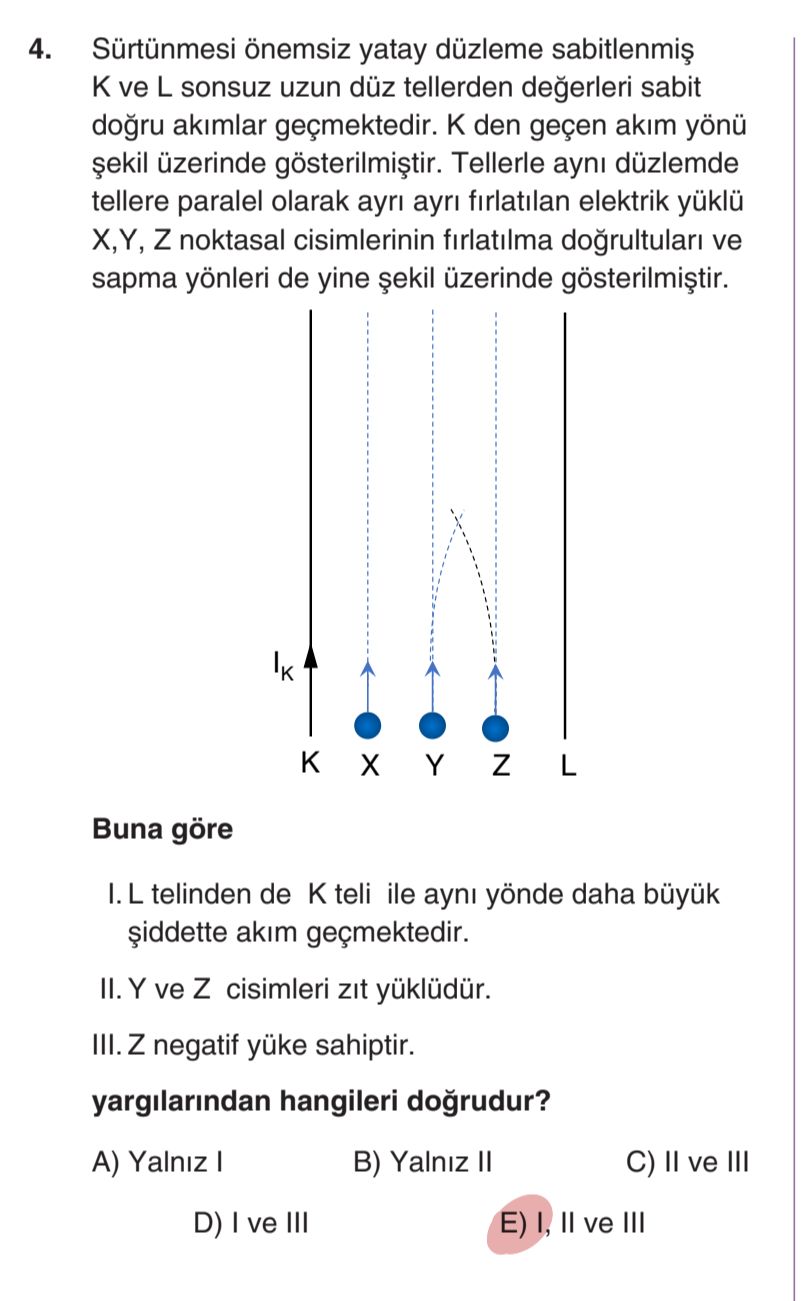 Sürtünmesi önemsiz yatay düzleme sabitlenmiş K ve L sonsuz uzun düz tellerden değerleri sabit doğru