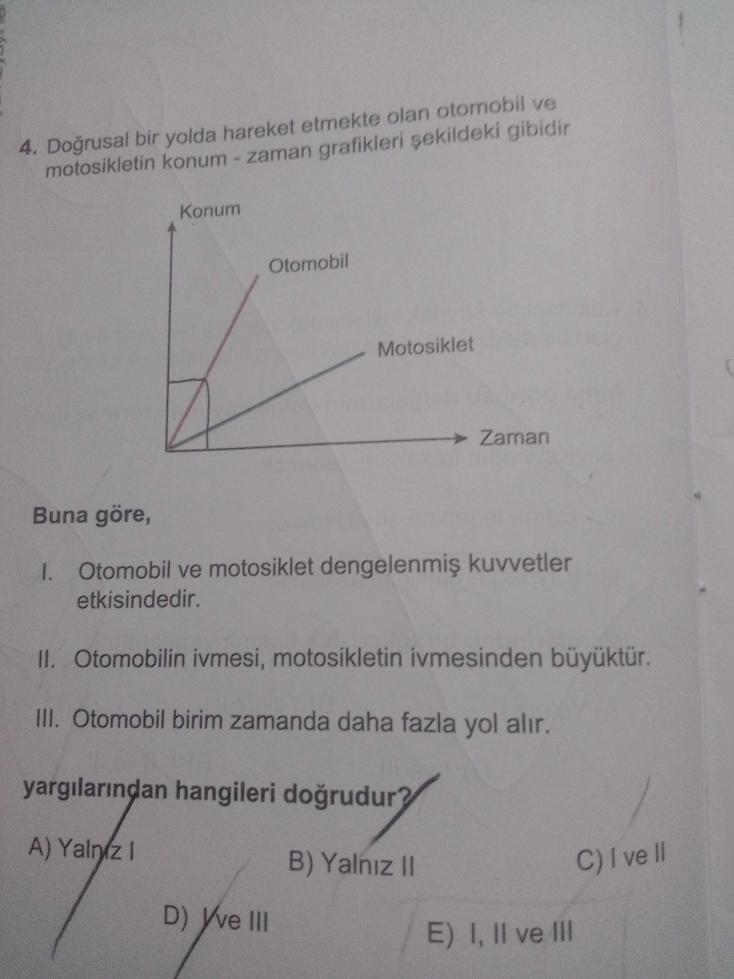 Doğrusal bir yolda hareket etmekte olan otomobil ve motosikletin konum - zaman grafikleri şekildeki