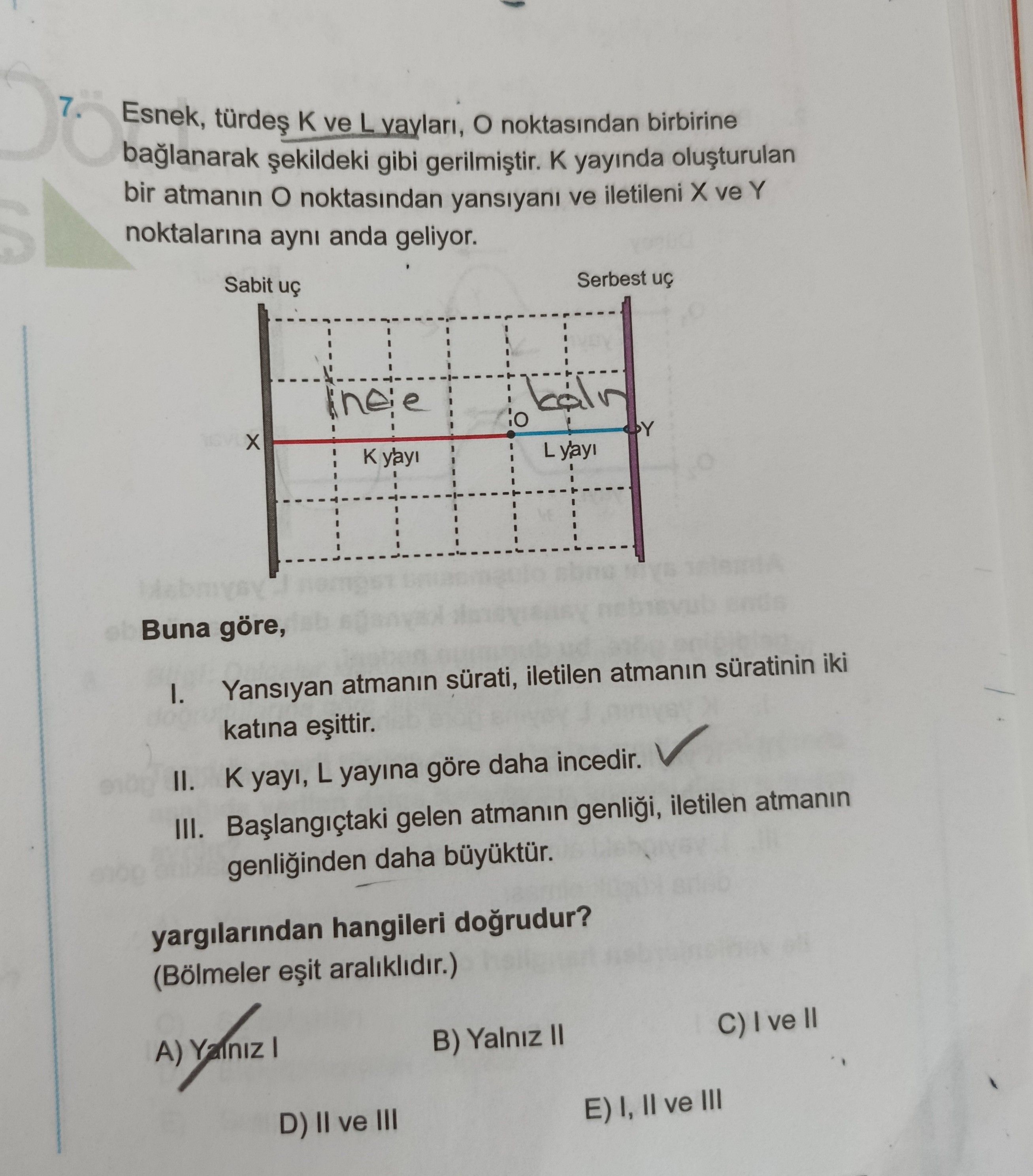 Esnek, türdeş K ve L yayları, O noktasından birbirine bağlanarak şekildeki gibi gerilmiştir. K