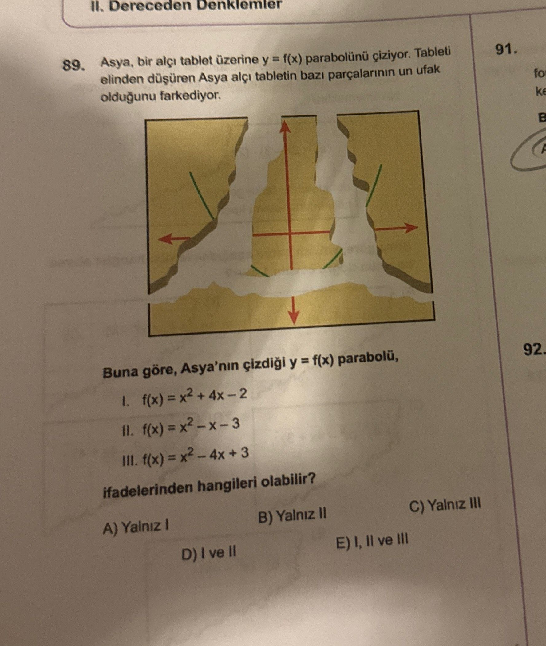 Asya, bir alçı tablet üzerine y = f(x) parabolünü çiziyor. Tableti elinden düşüren Asya alçı