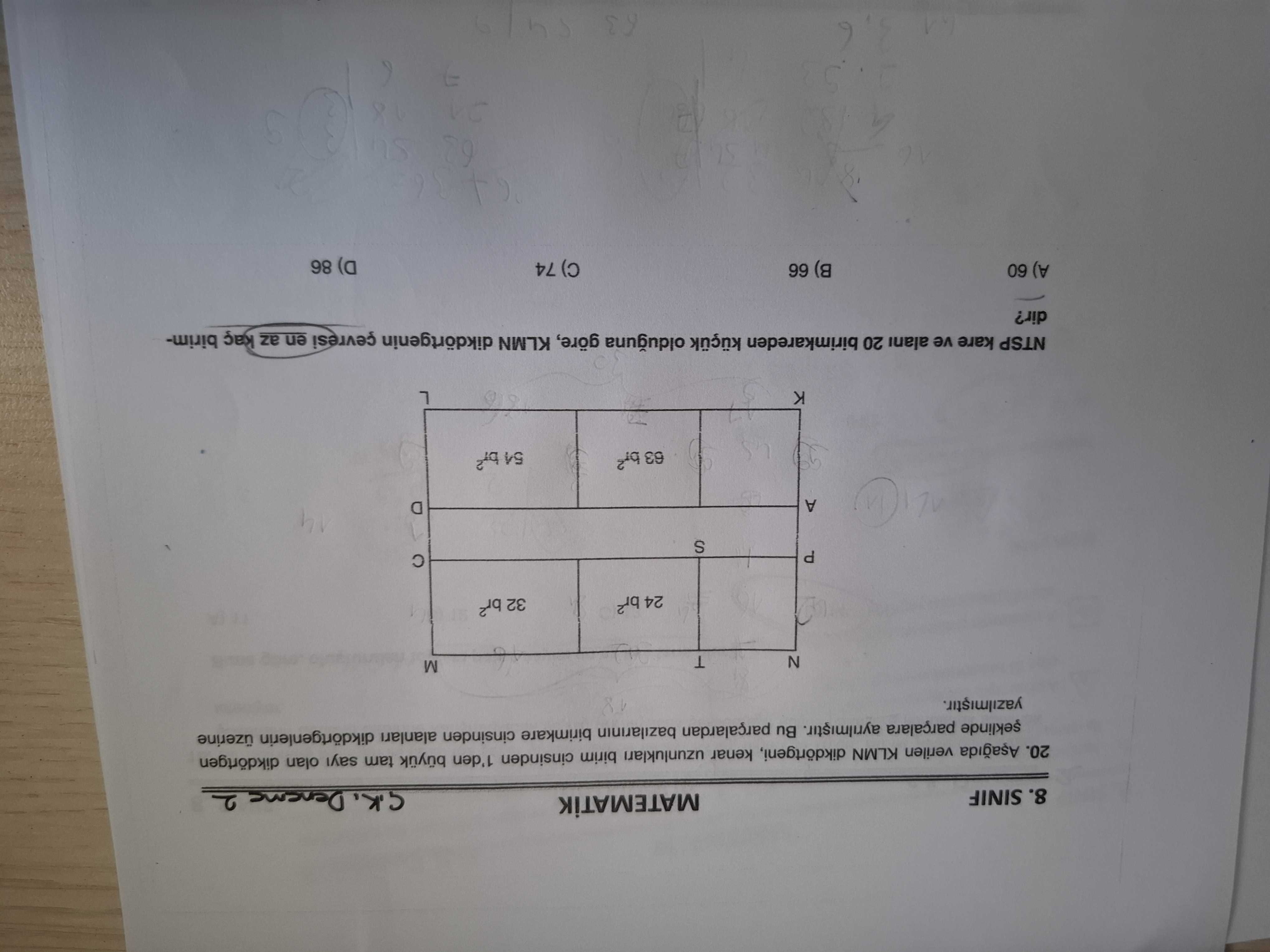 Aşağıda verilen KLMN dikdörtgeni, kenar uzunlukları birim cinsinden 1'den büyük tam sayı olan