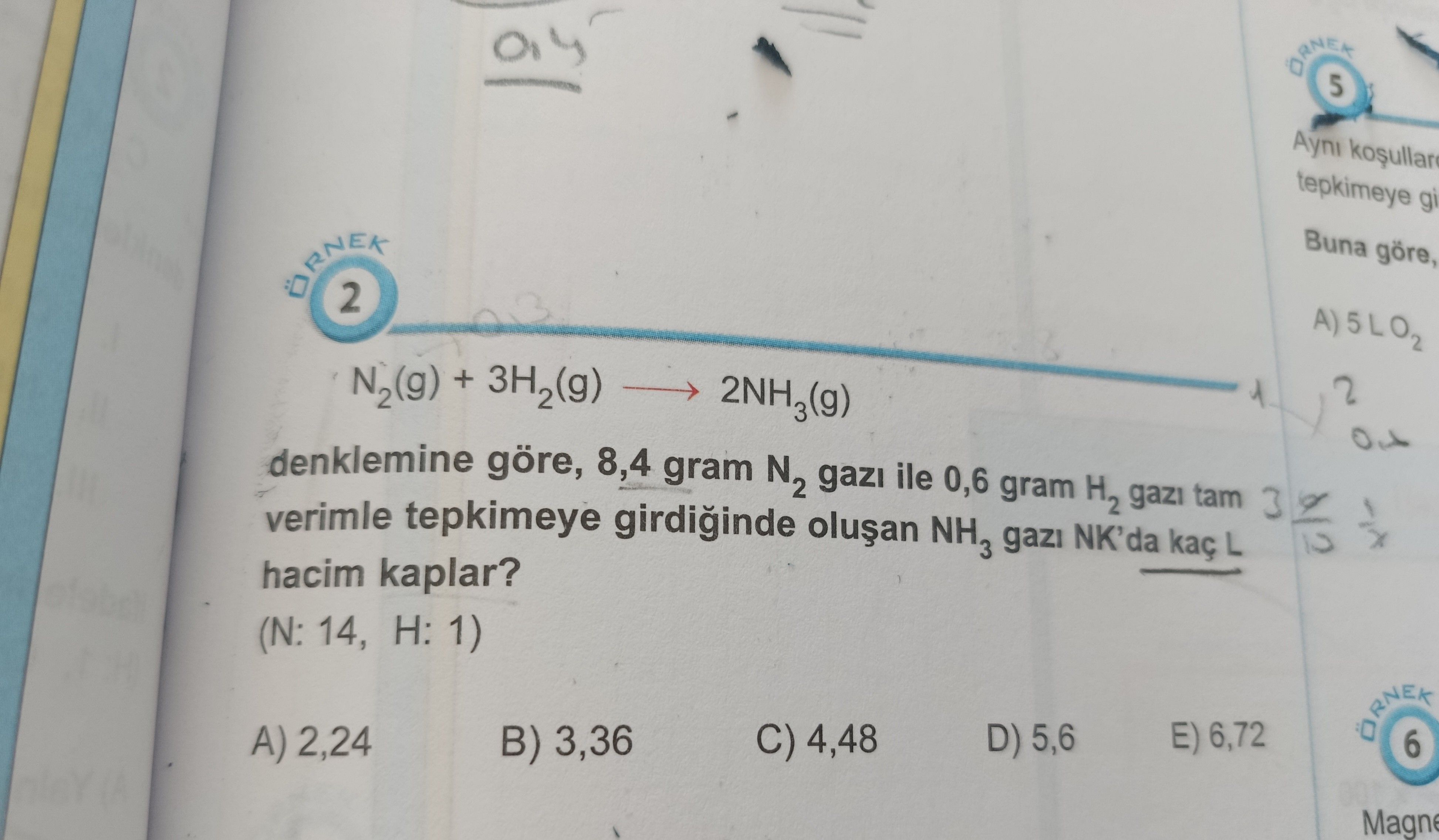 N₂(g) + 3H₂(g) → 2NH₃(g) denklemine göre, 8,4 gram N₂ gazı ile 0,6 gram H₂ gazı tam verimle